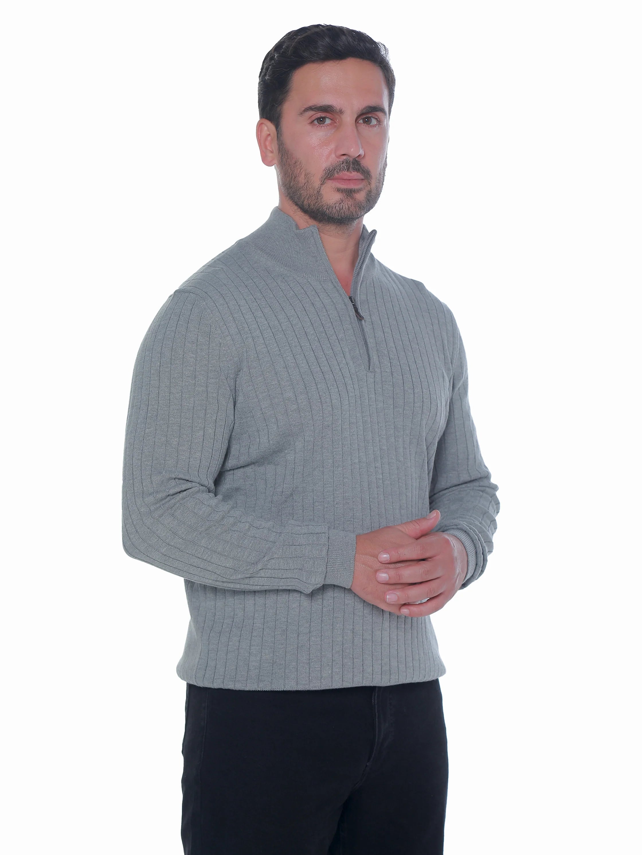 Grey Ribbed pullover With Half Zipper