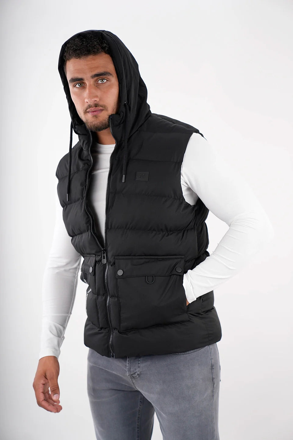 Casual Black Vest Puffer With Hood