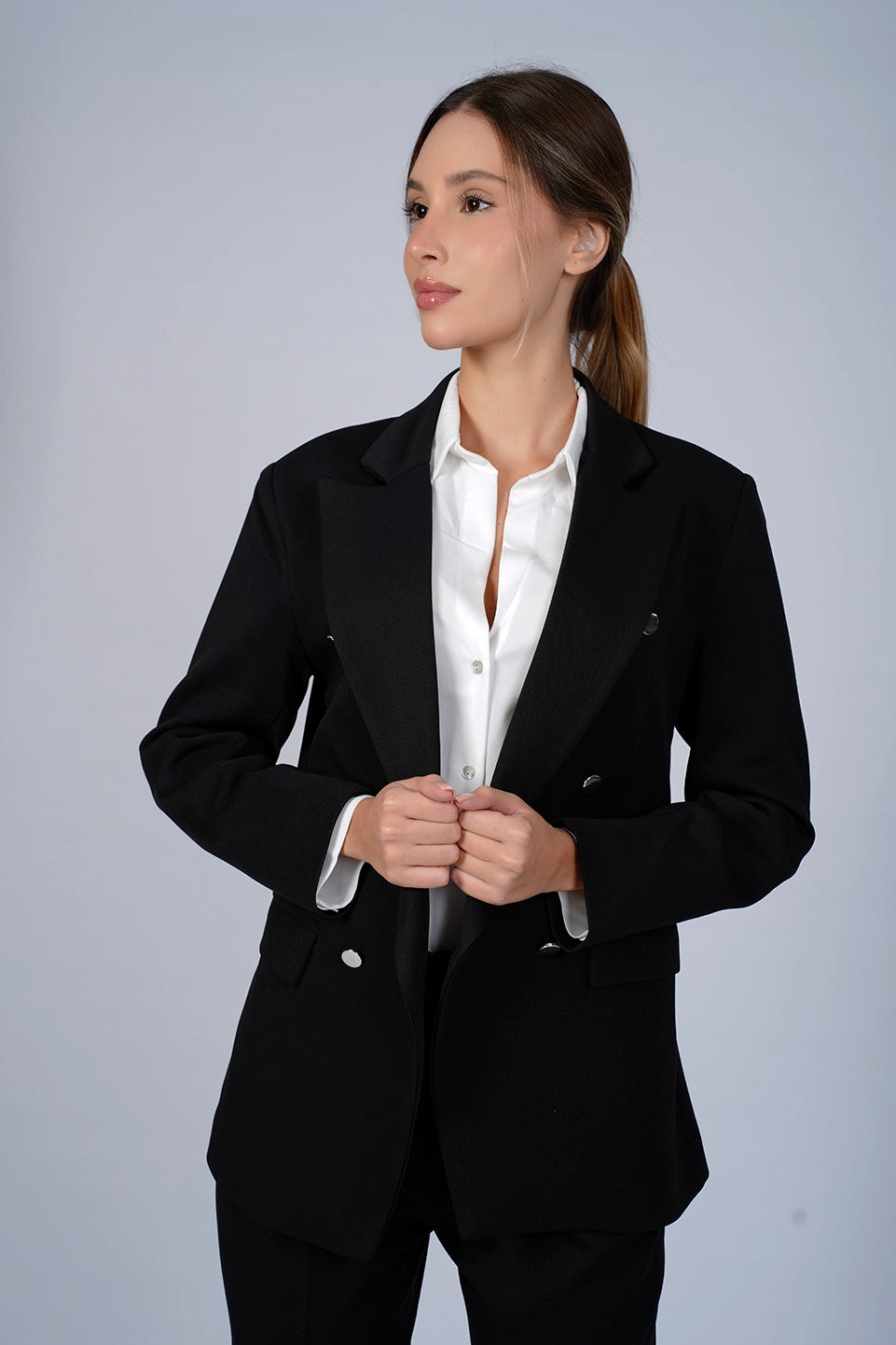 Business Black Blazer With Double Breasted Flap