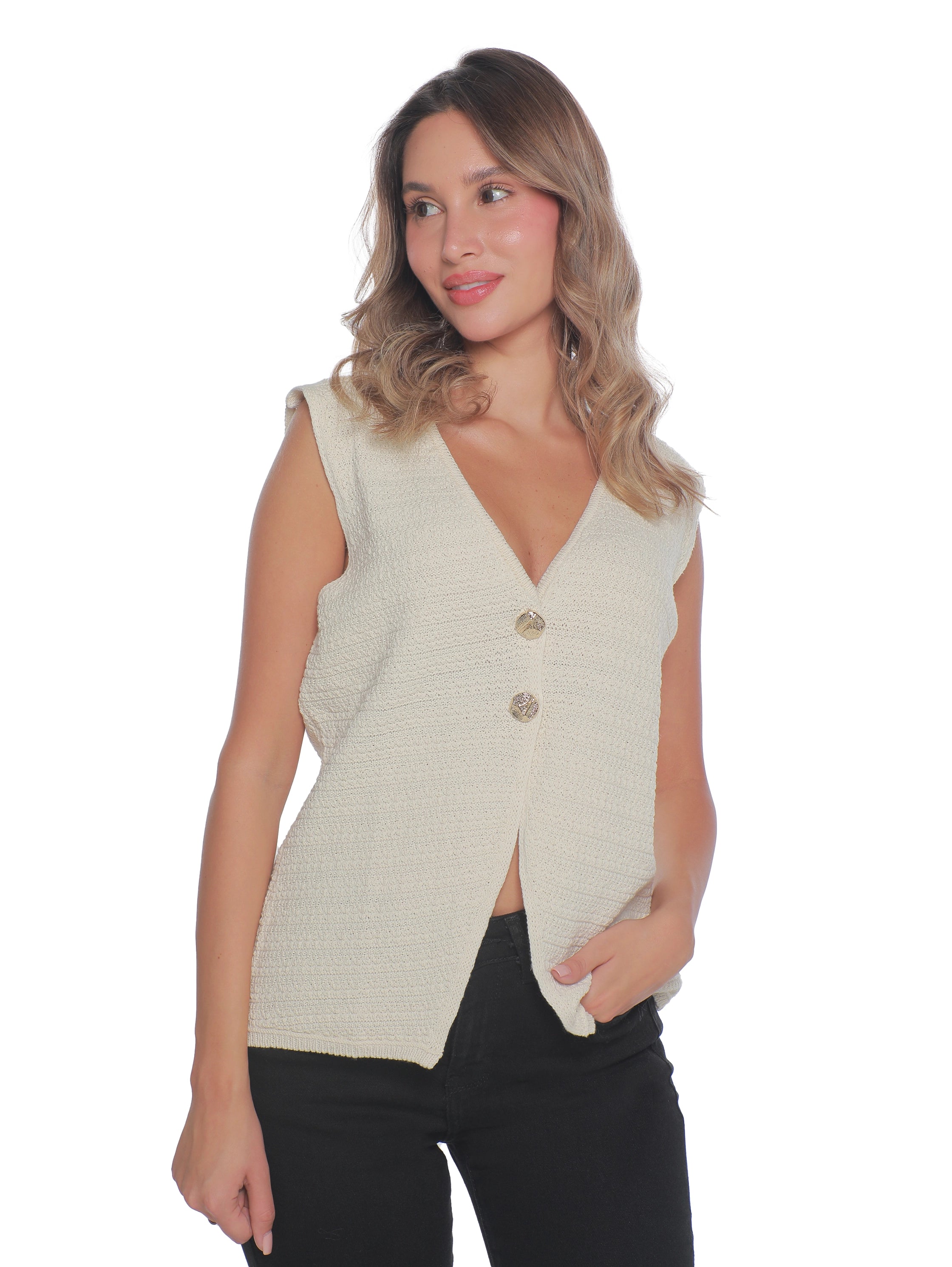 Embroidery Off white Vest With Two Button To Close