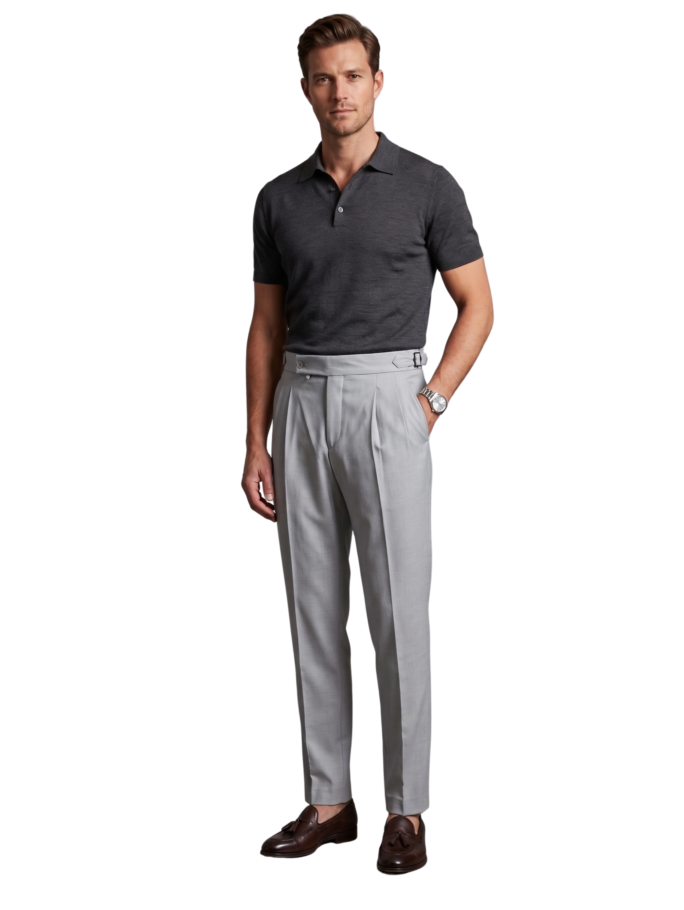 Grey High Waistband Pants With A Buttoned Tab Closure & Side Buckles