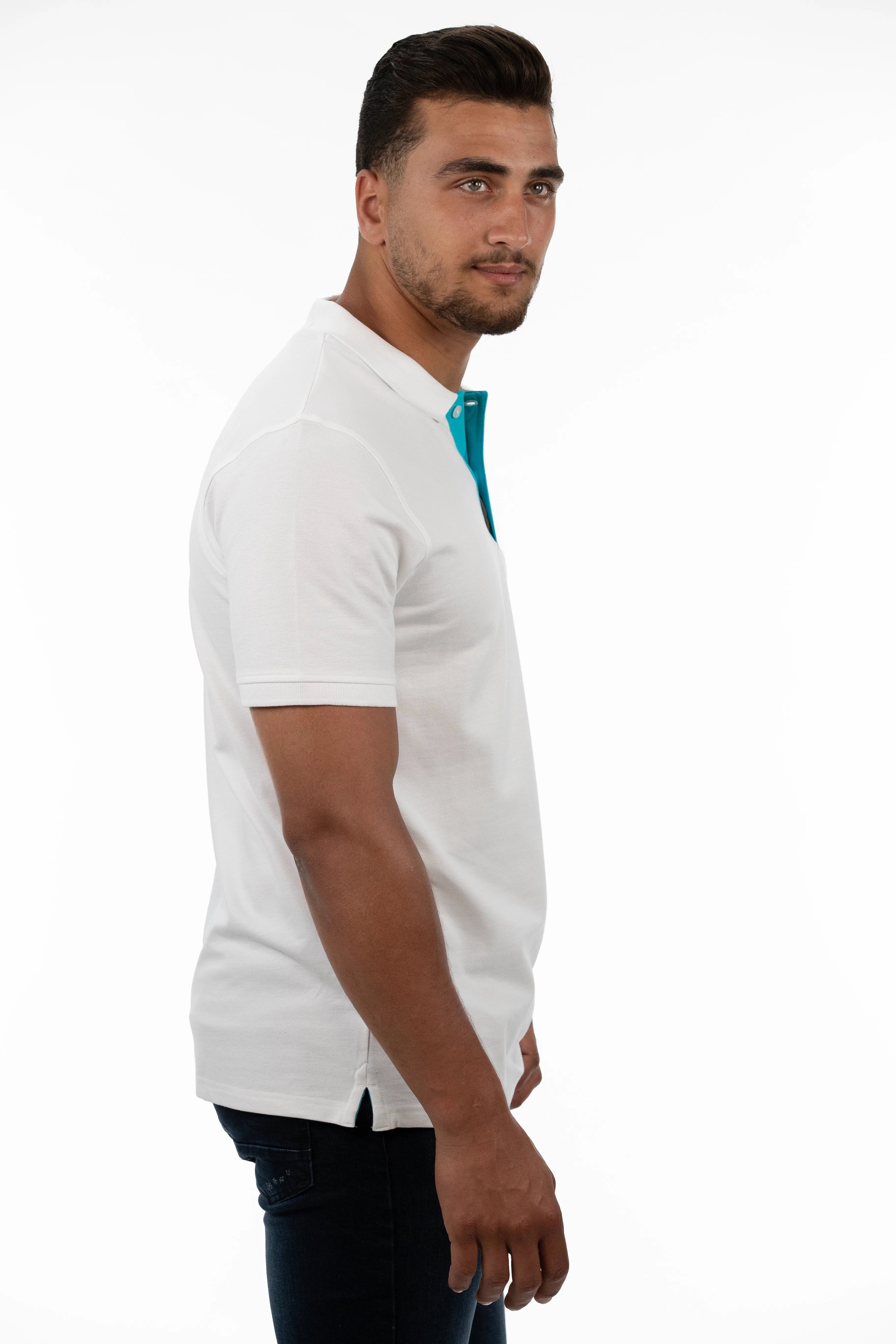 White Polo With Turquoise Collar Design