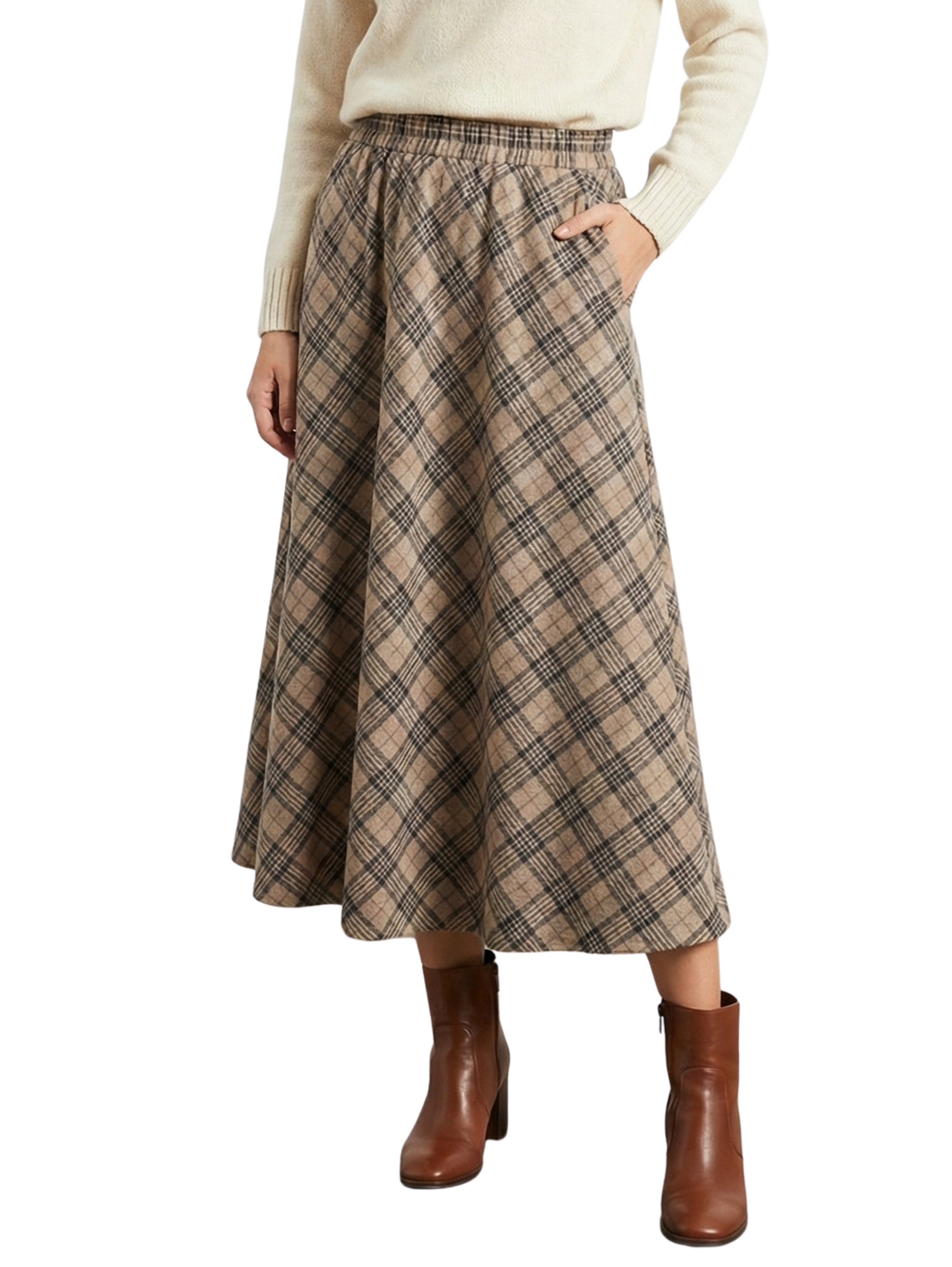 Maxi Light Brown Checked Skirt With Side Pockets