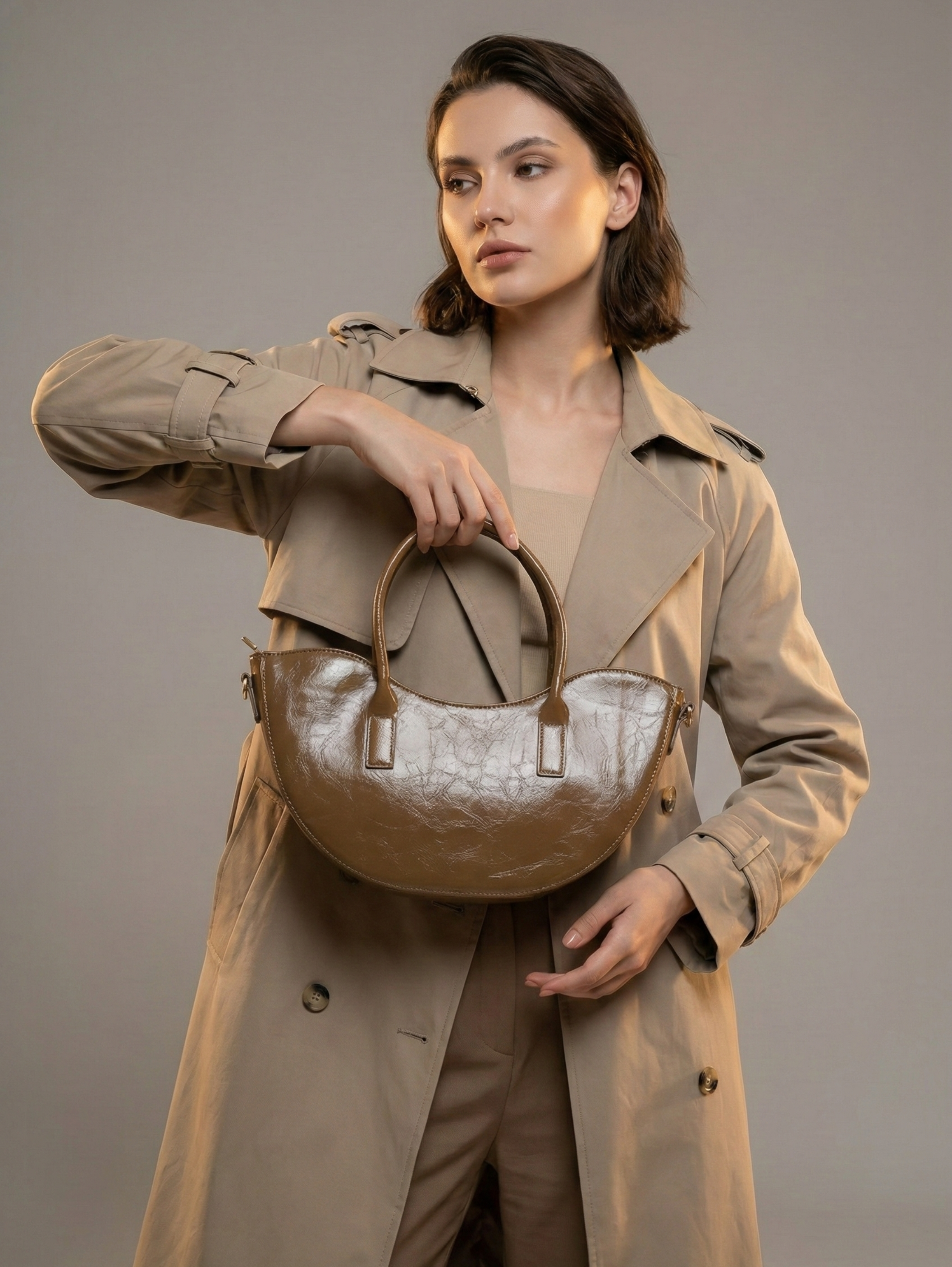 Light Brown Half Moon Shape with Handle Strap