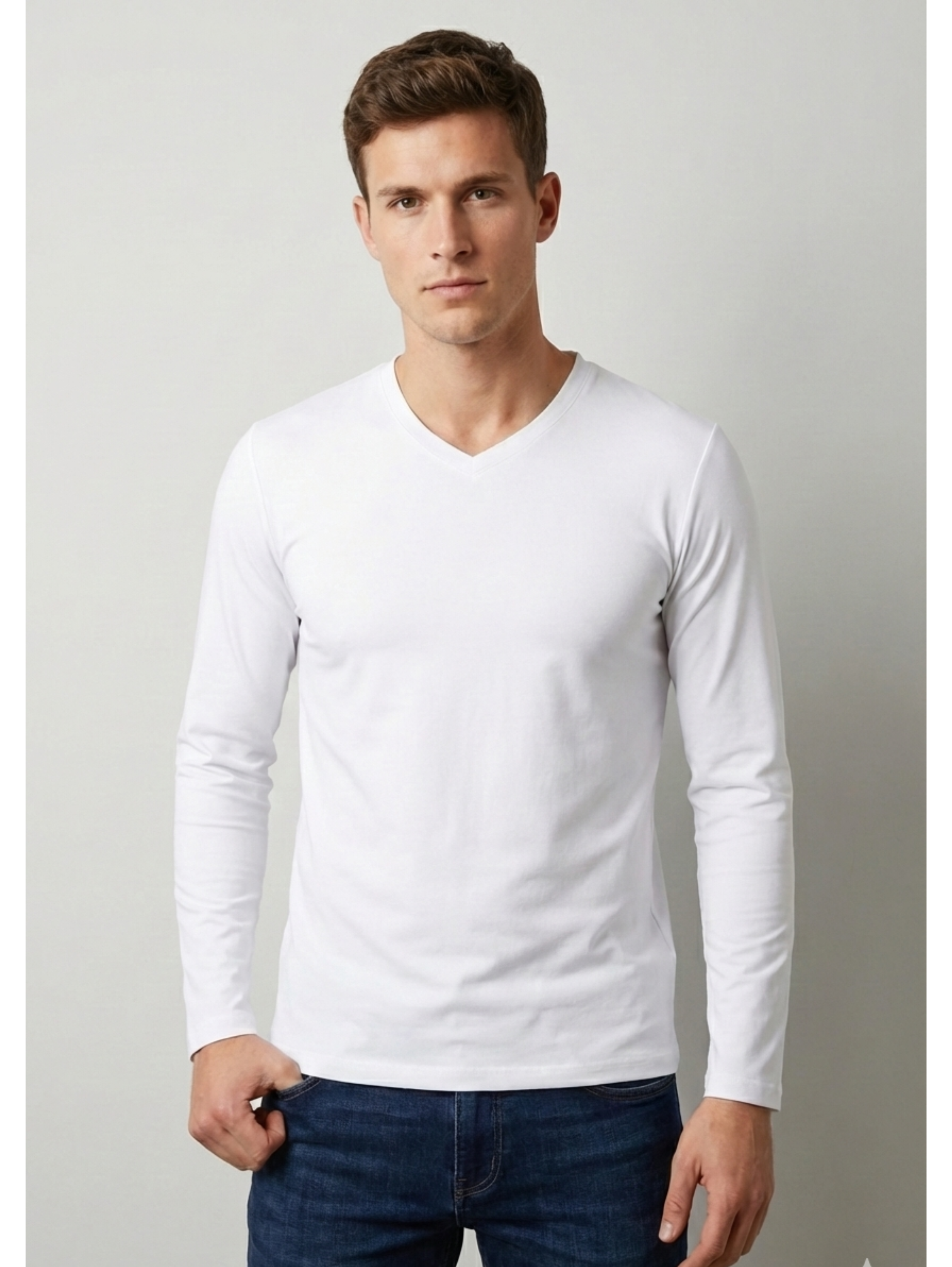 Jack Dapper Long Sleeved White Basic V-Neck