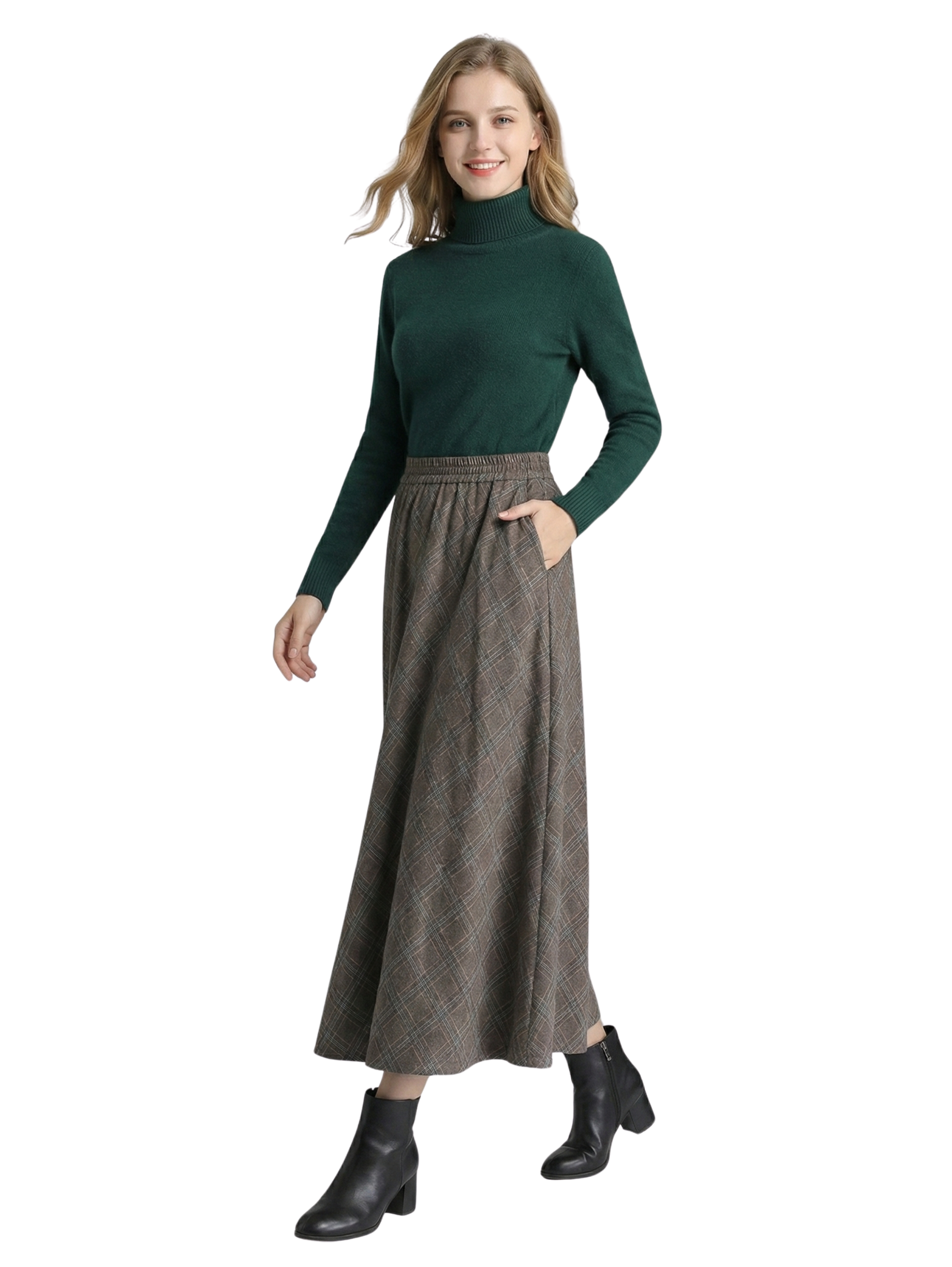 Maxi Brown Checked Skirt With Side Pockets