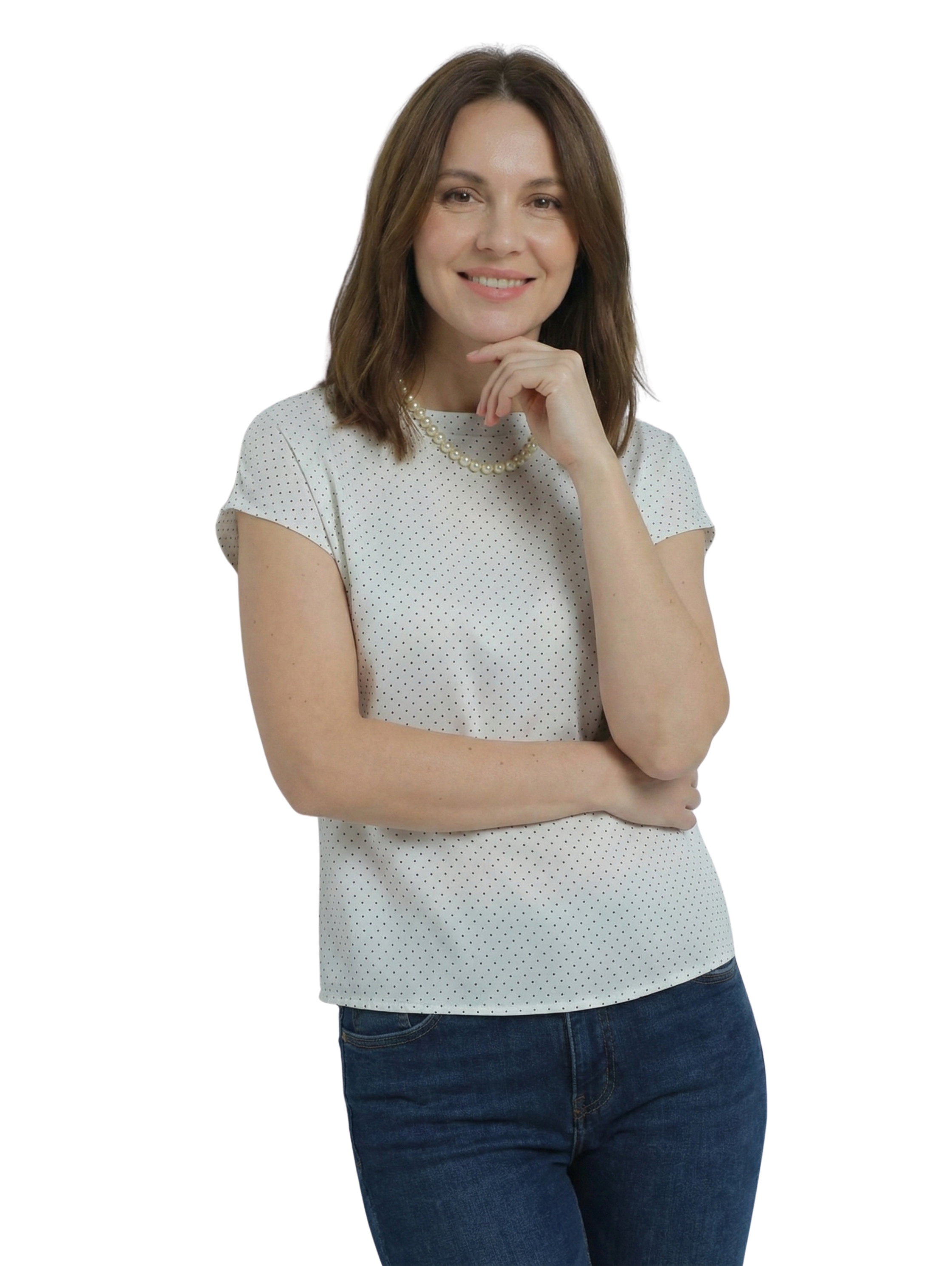 White Cap Sleeve Top With Polka Dot Pattern