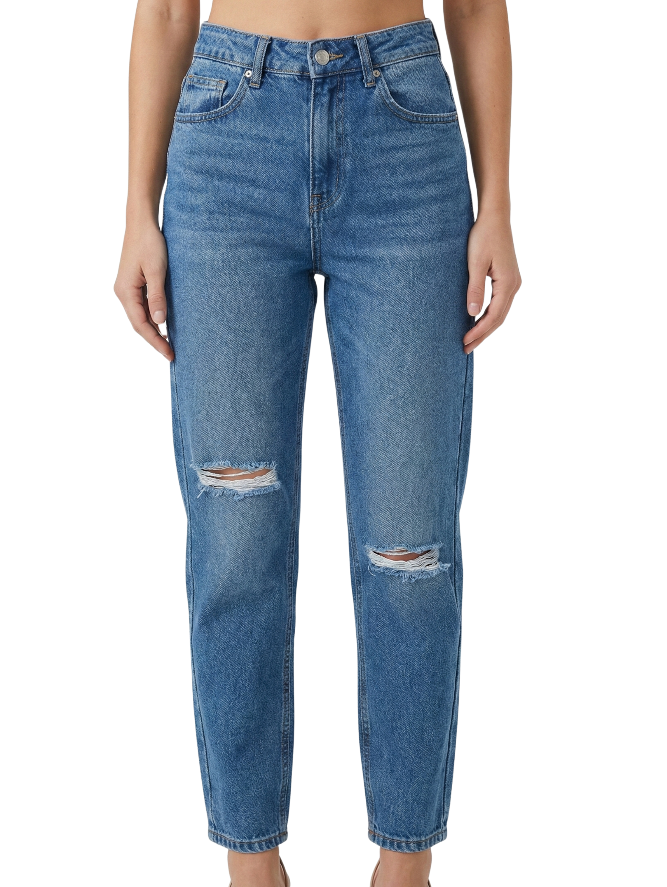 High Waist Blue Jeans Ripped Knee