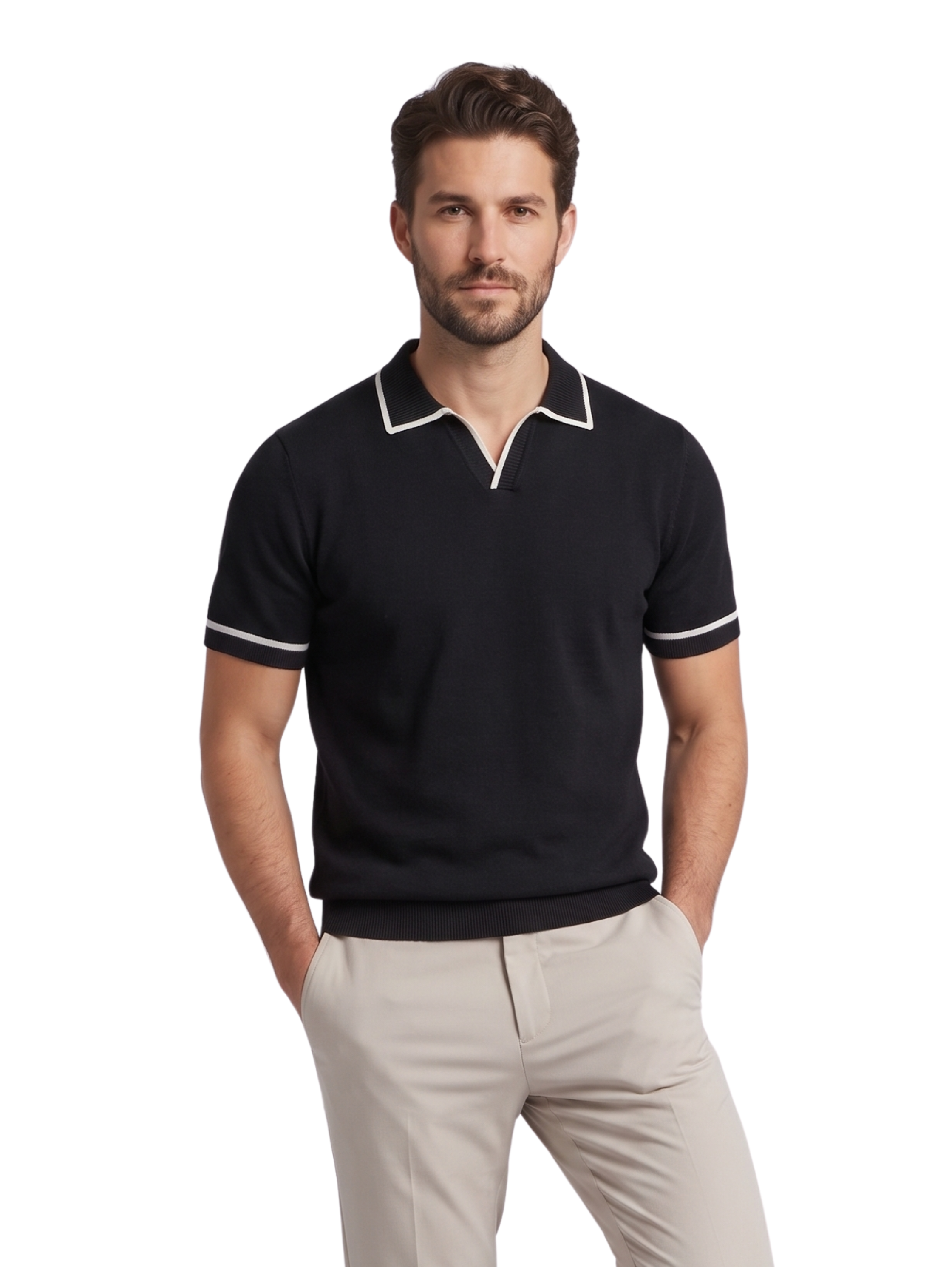 Black Cotton Short Sleeved Polo With Open V Neck&nbsp;