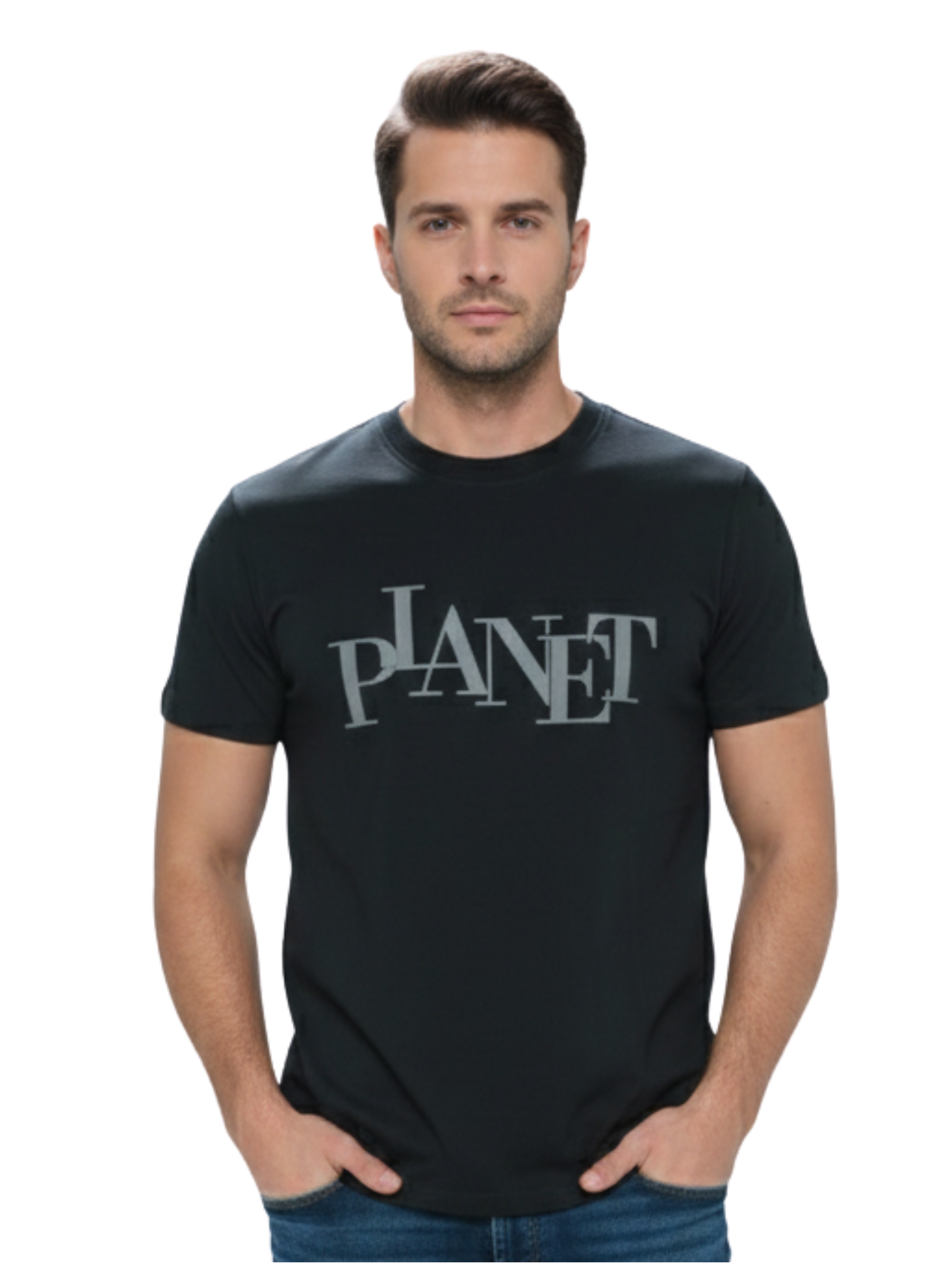 Round Neck Black T-Shirt With "Planet" Front Design