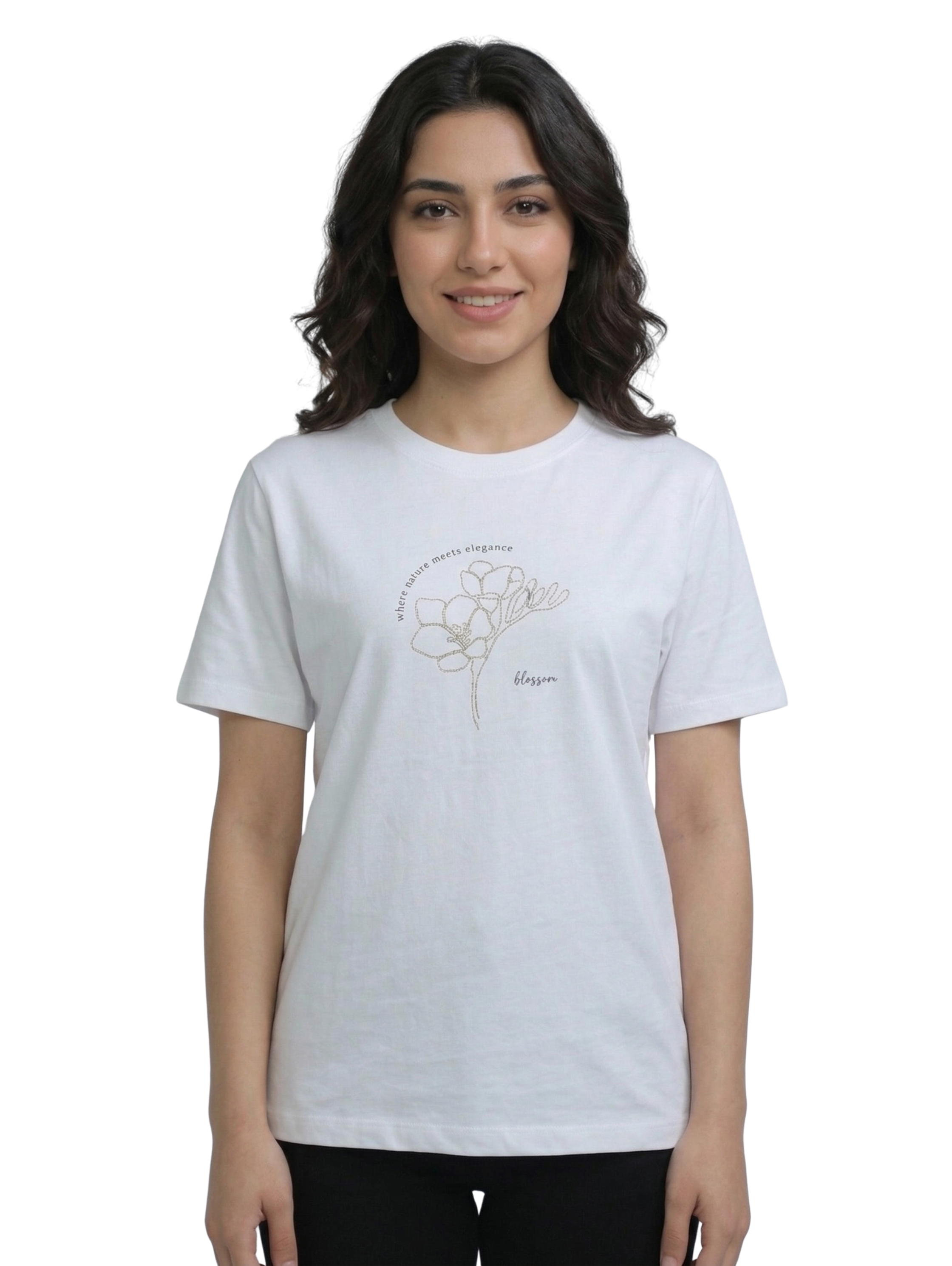 White Round Neck T-Shirt With Front Design