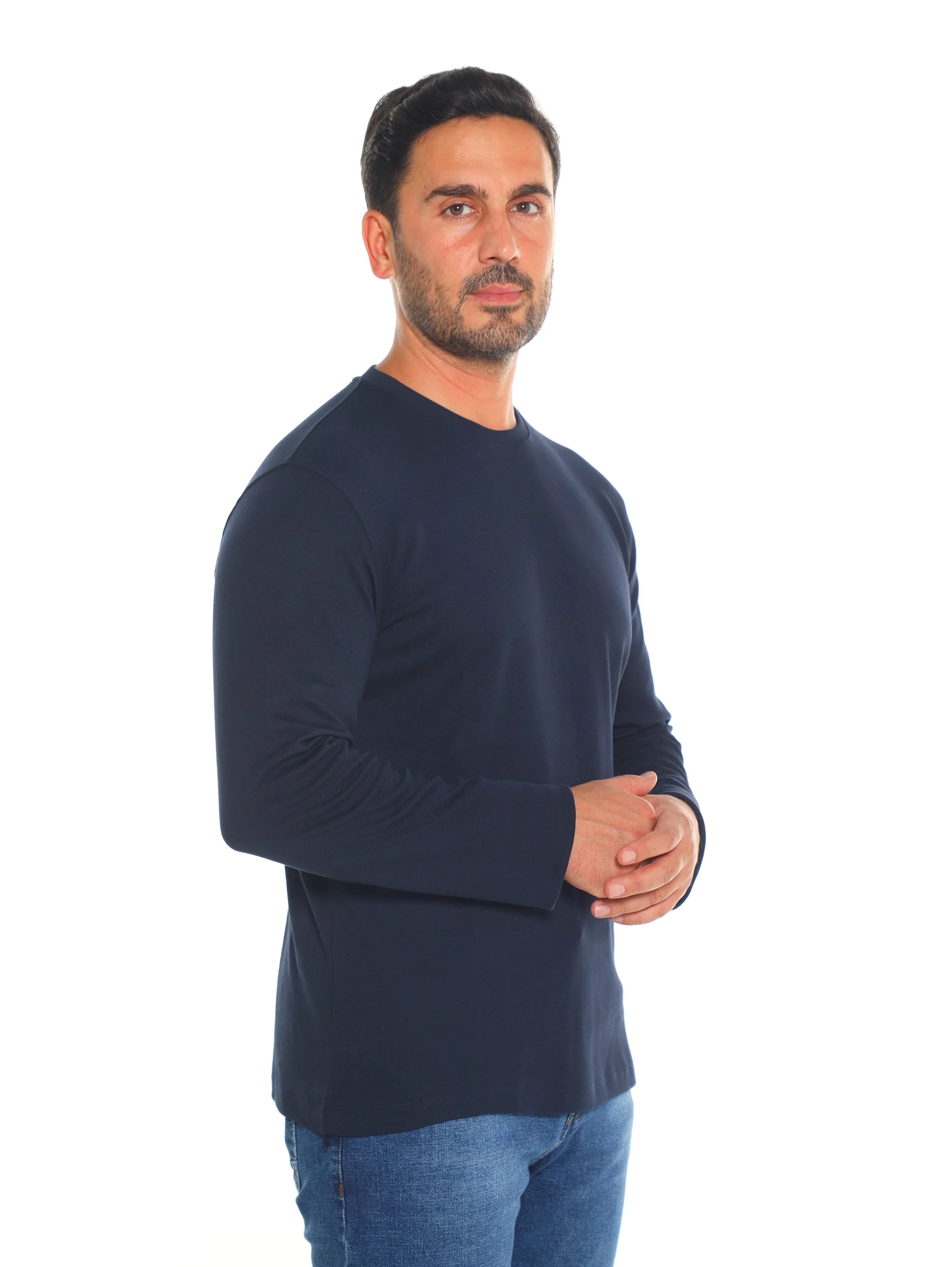 Frappoli Navy Long Sleeve Basic Round Neck T-shirt