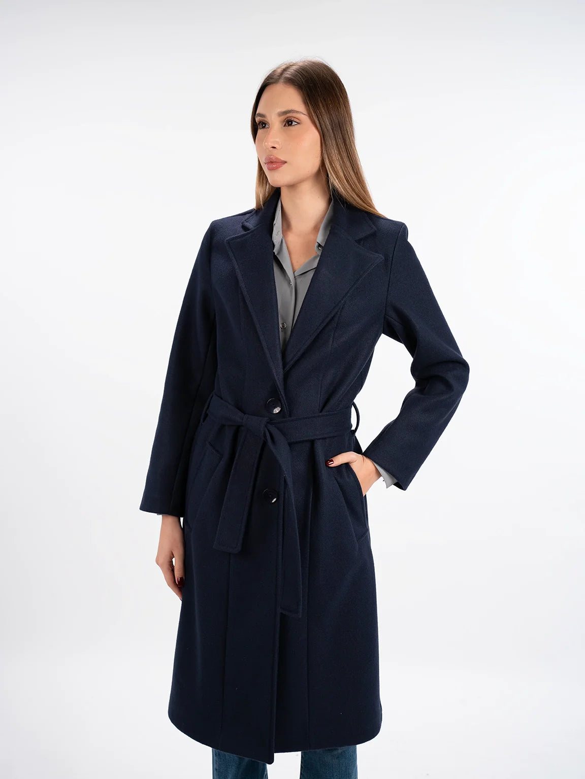 Belted Navy Long Coat With Slanted Pockets