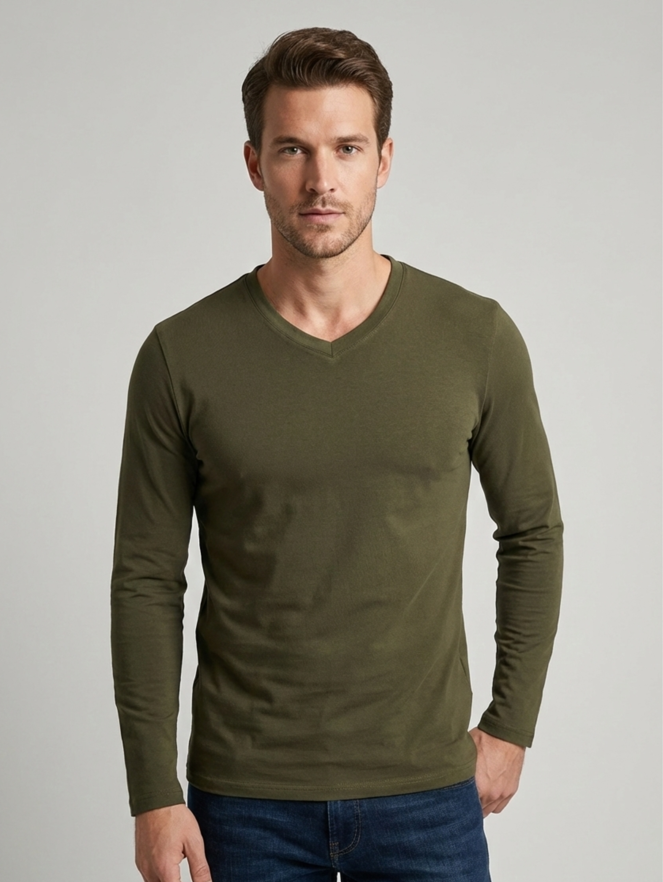 Jack Dapper Long Sleeved Olive Basic V-Neck