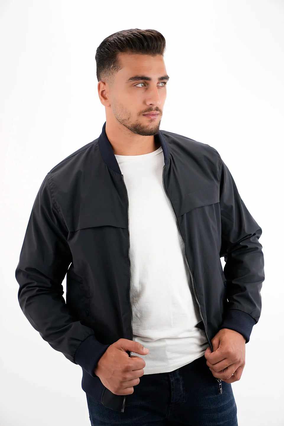 Navy Bomber Jacket With Zipper To Close