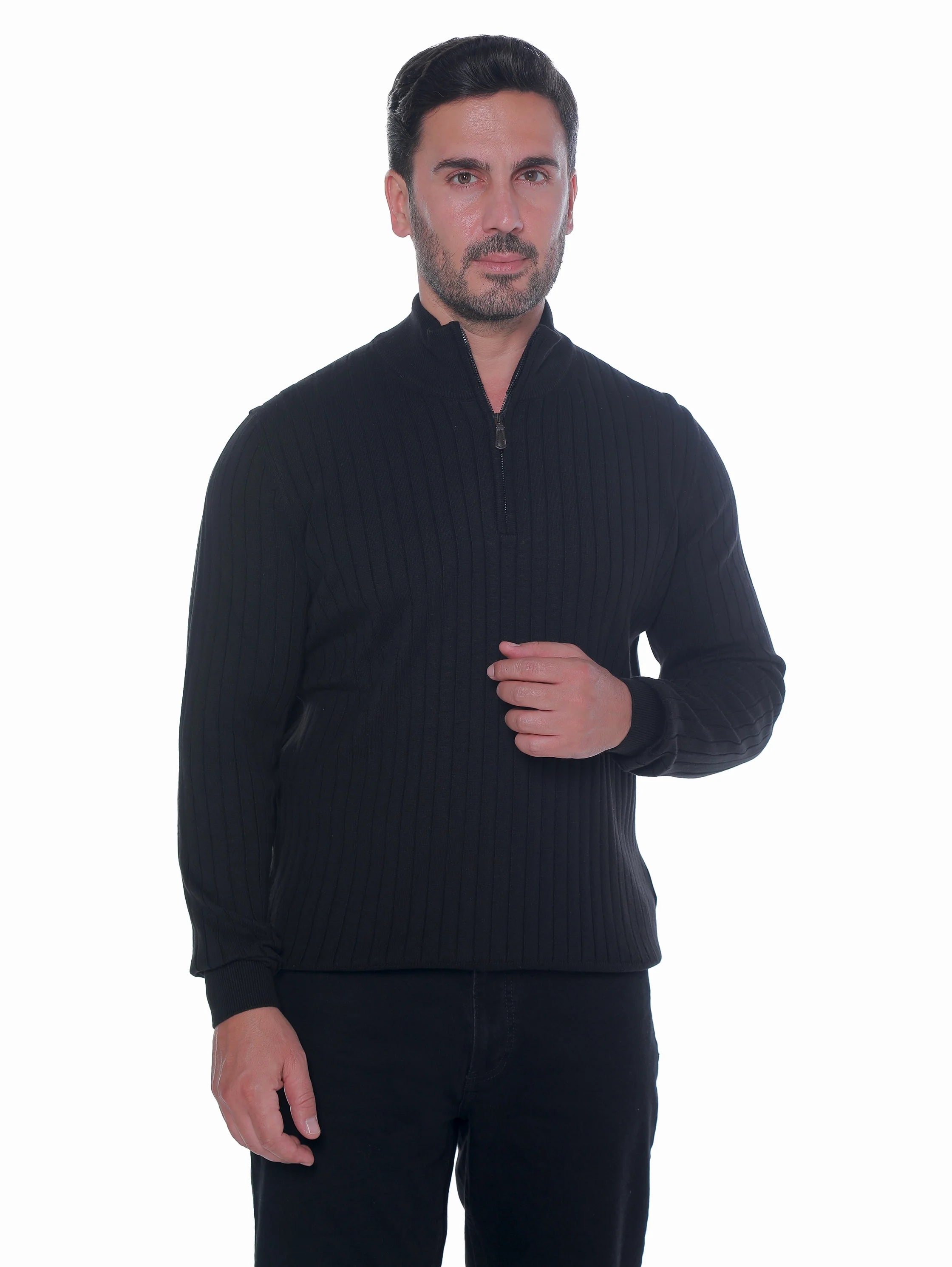 Black Ribbed pullover With Half Zipper