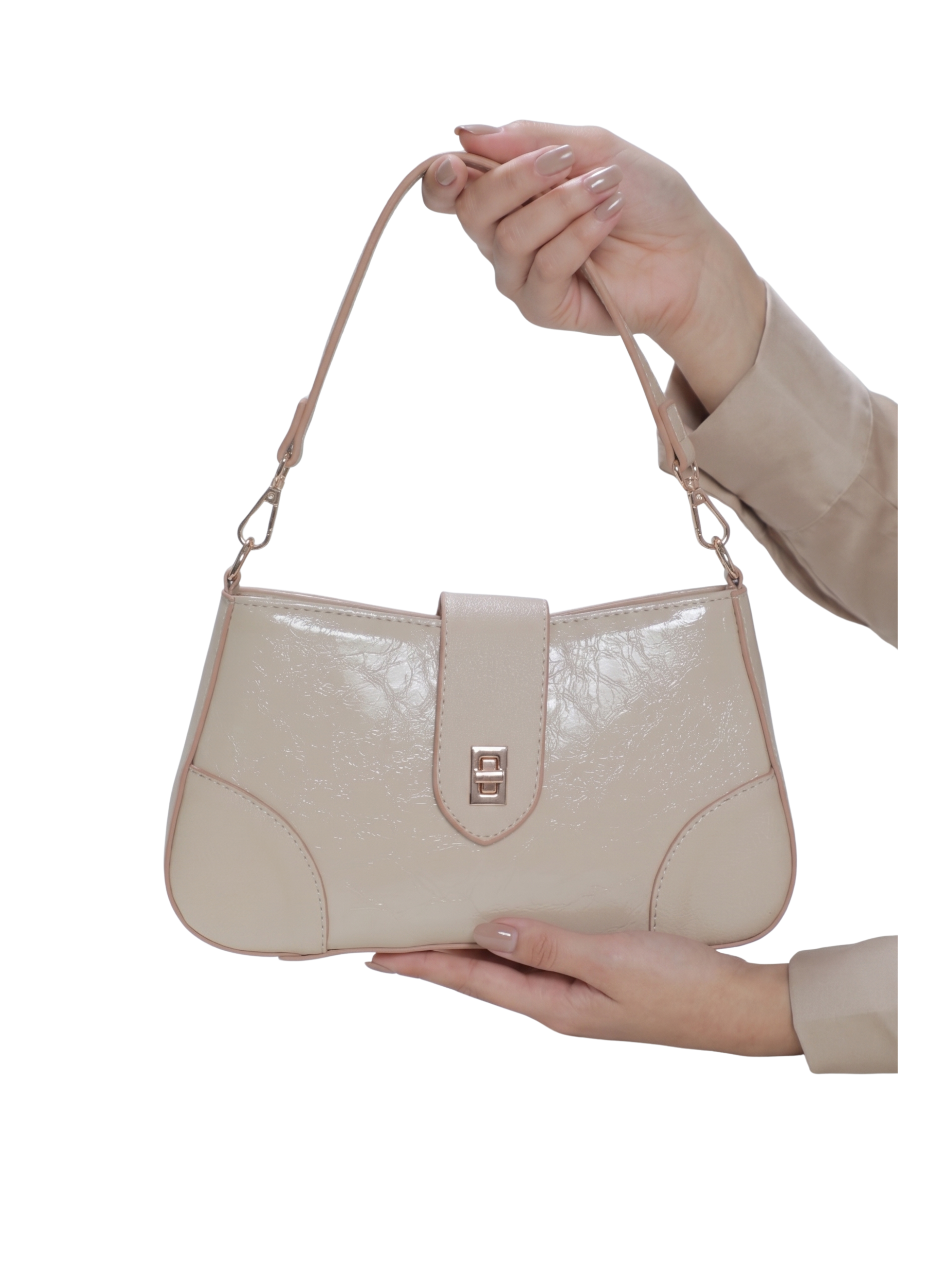 Beige Glossy Crinkled Patent Leather Shoulder Bag