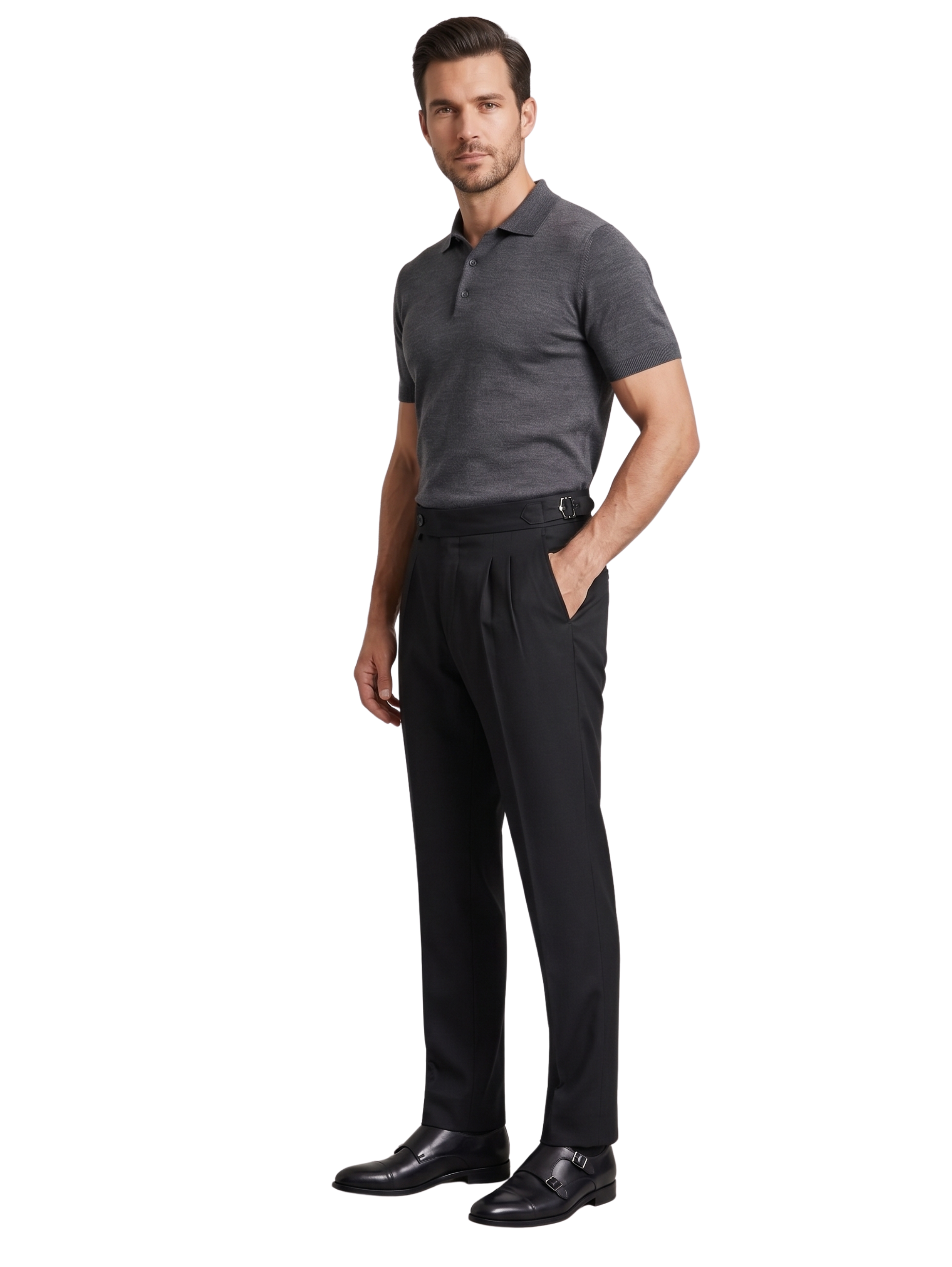 Black High Waistband Pants With A Buttoned Tab Closure & Side Buckles