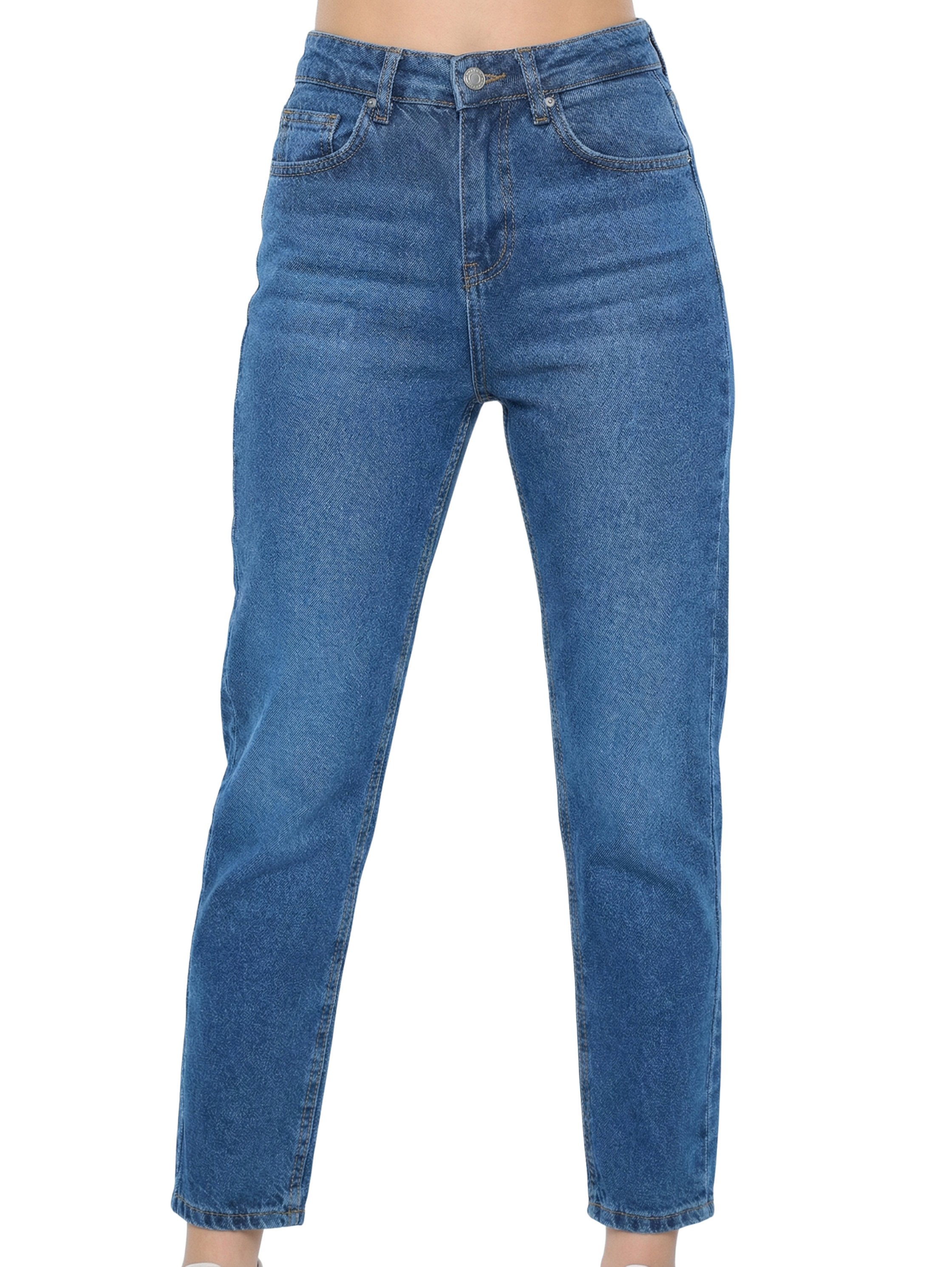 Dark Blue Mom Fit Jeans With Zipper & Button To Close