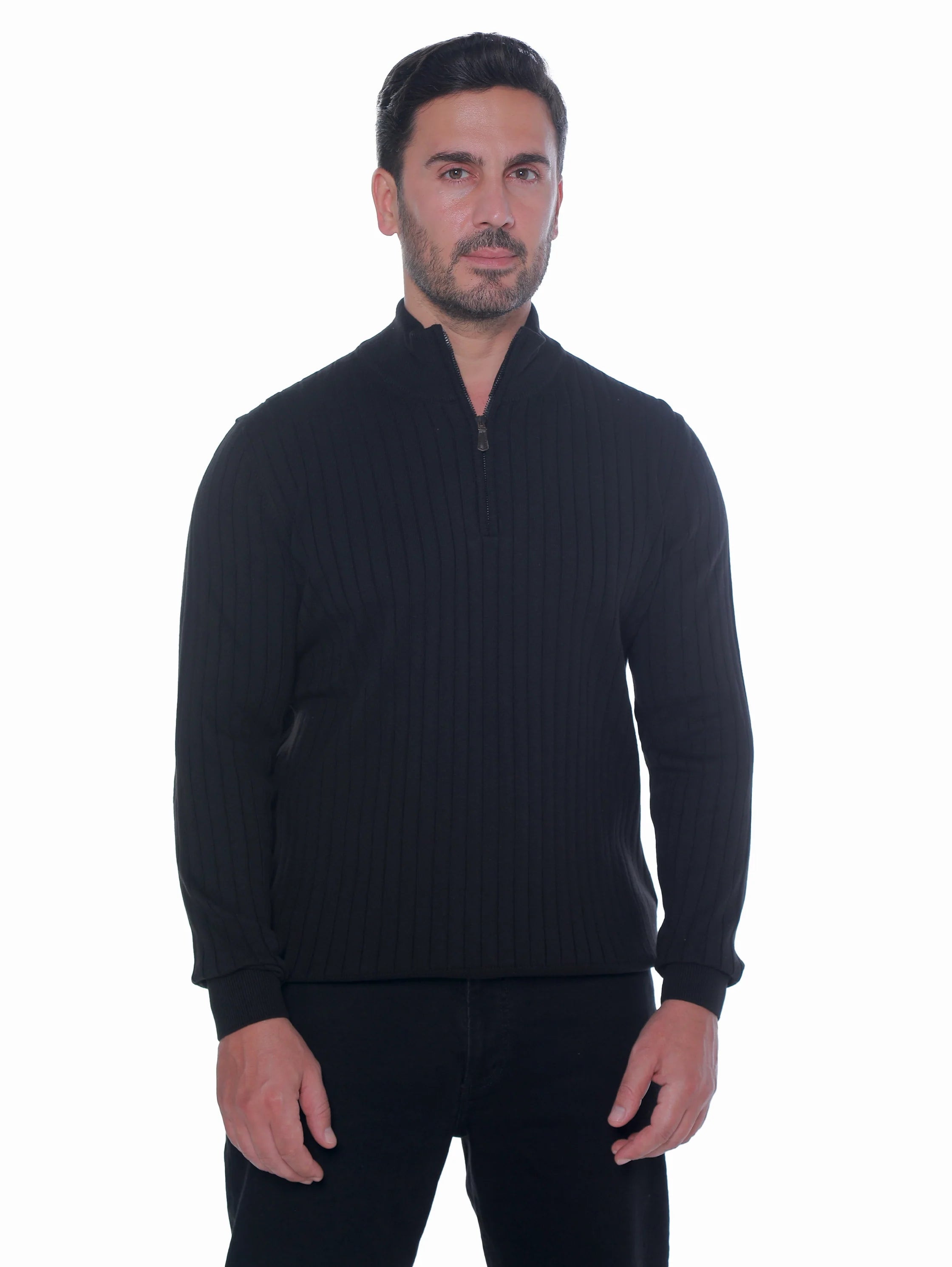 Black Ribbed pullover With Half Zipper