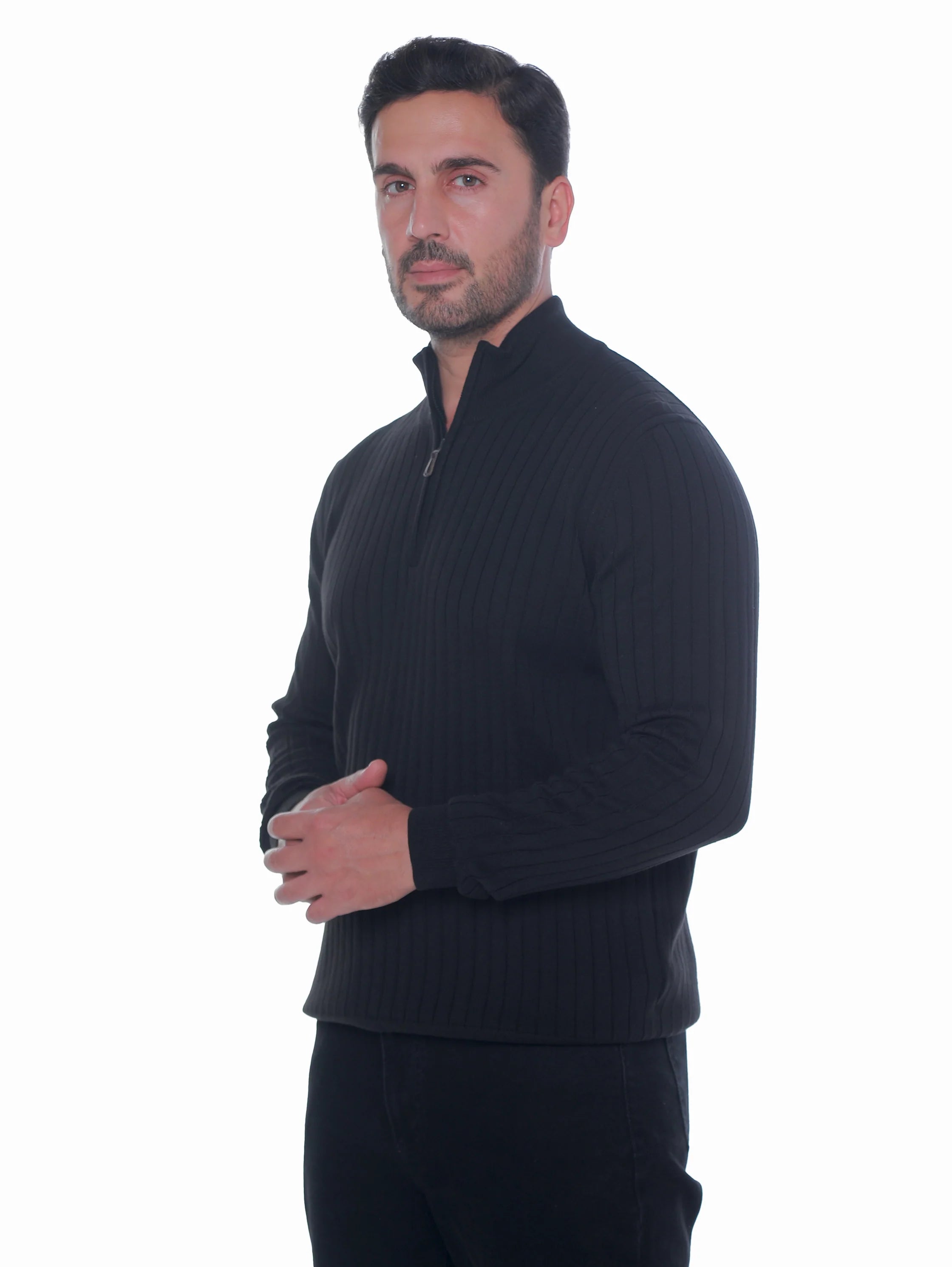 Black Ribbed pullover With Half Zipper