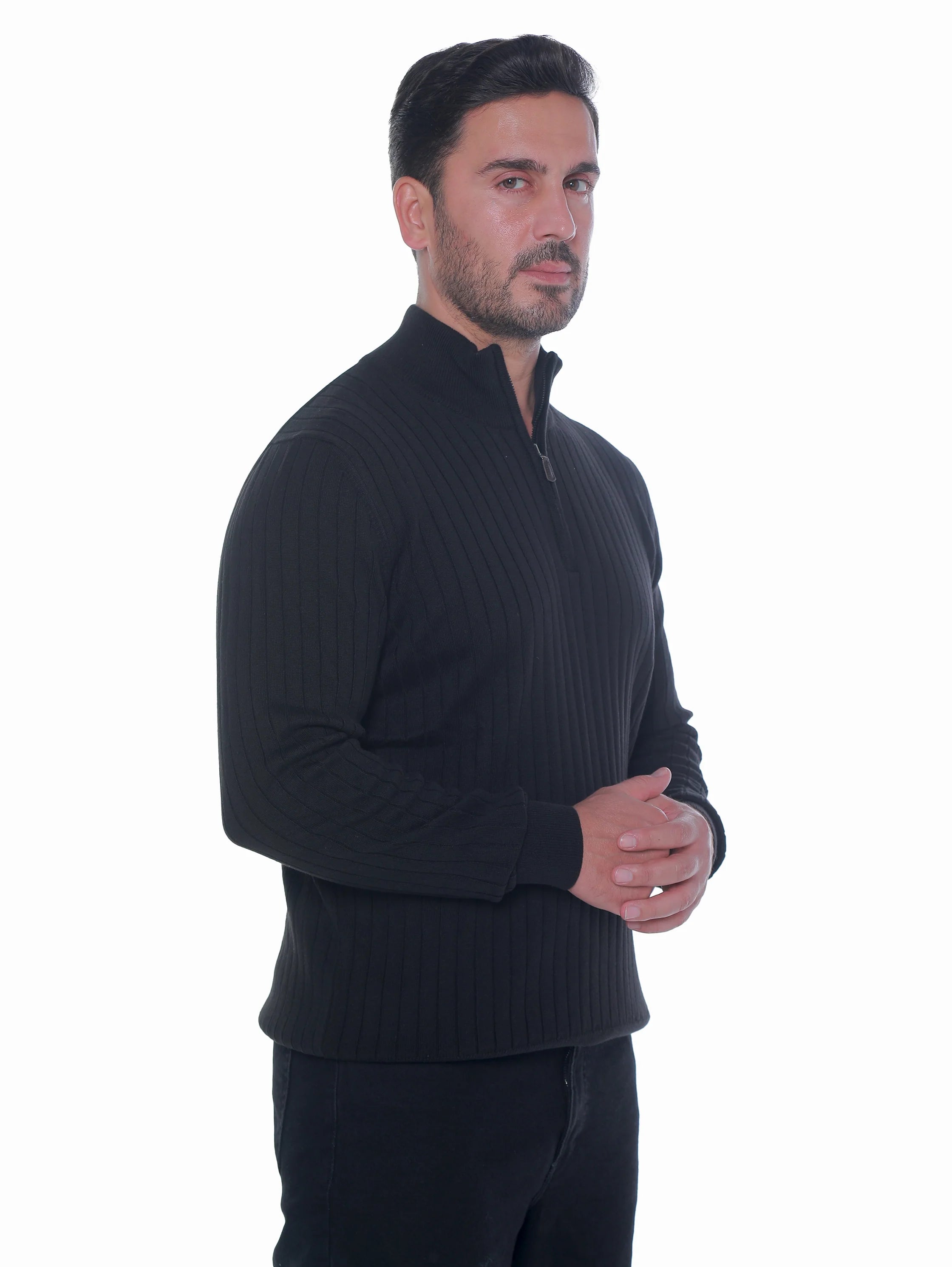 Black Ribbed pullover With Half Zipper