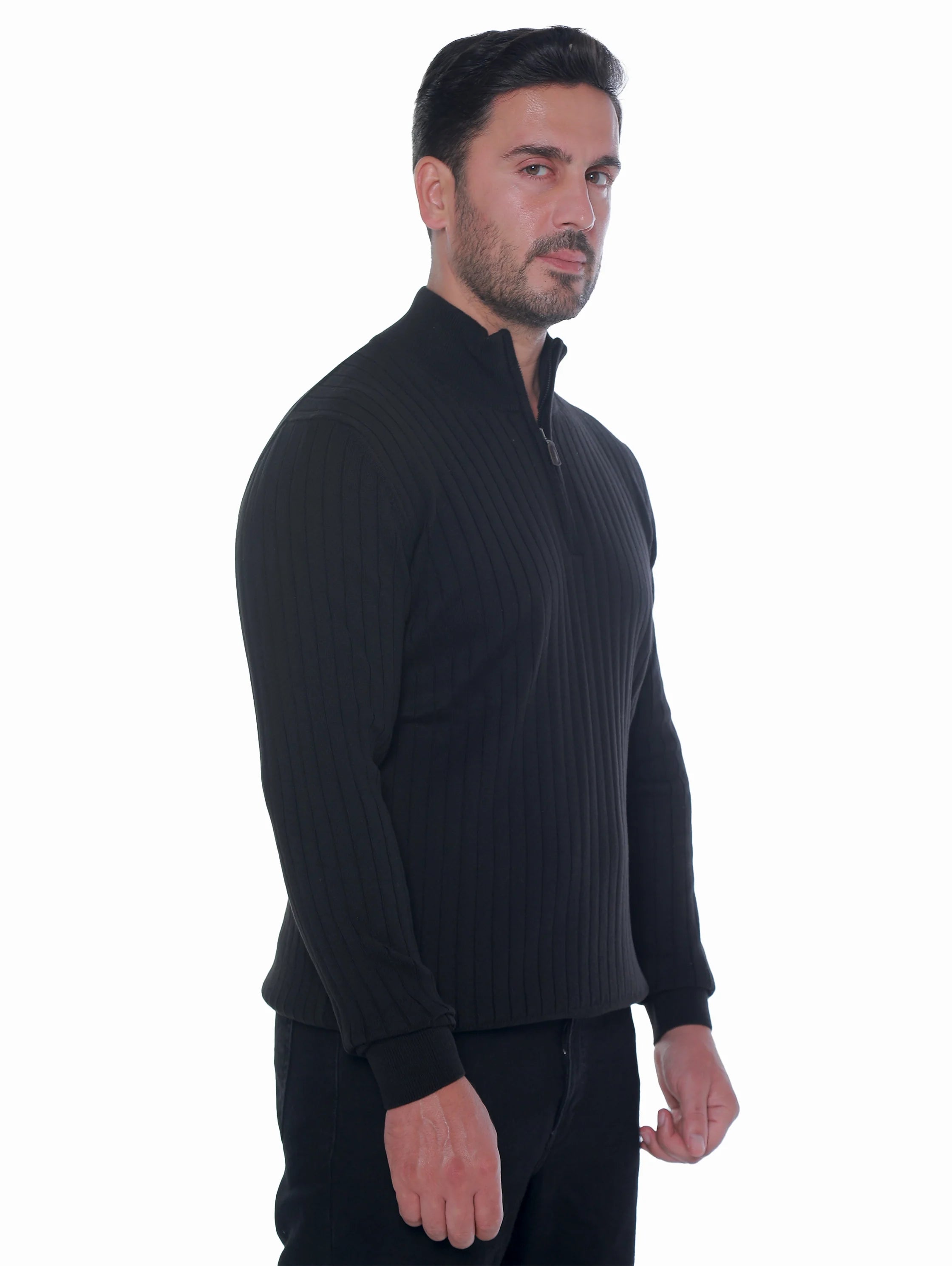 Black Ribbed pullover With Half Zipper