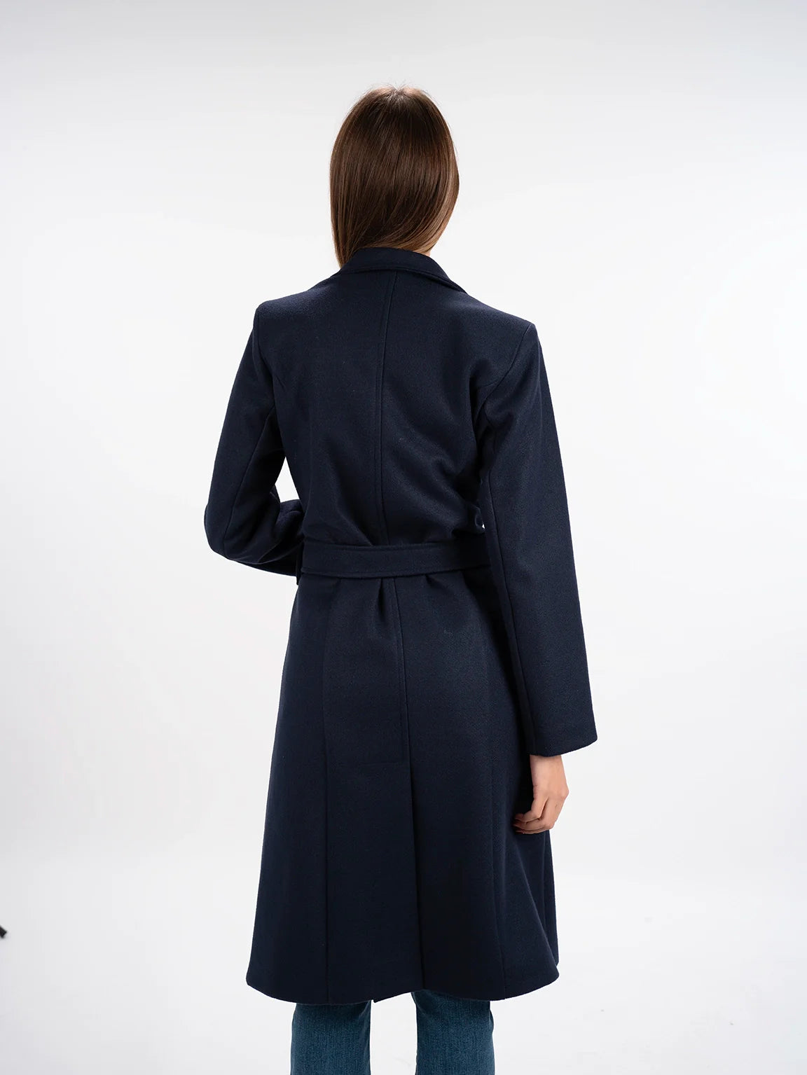 Belted Navy Long Coat With Slanted Pockets