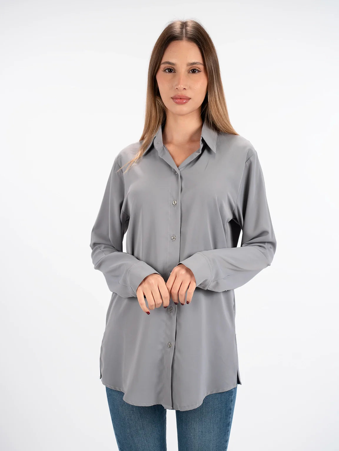 Long Sleeved Grey Shirt With Button To Close