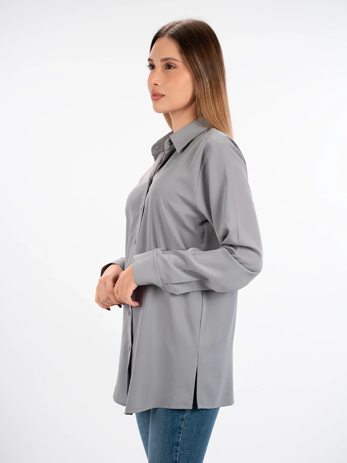 Long Sleeved Grey Shirt With Button To Close