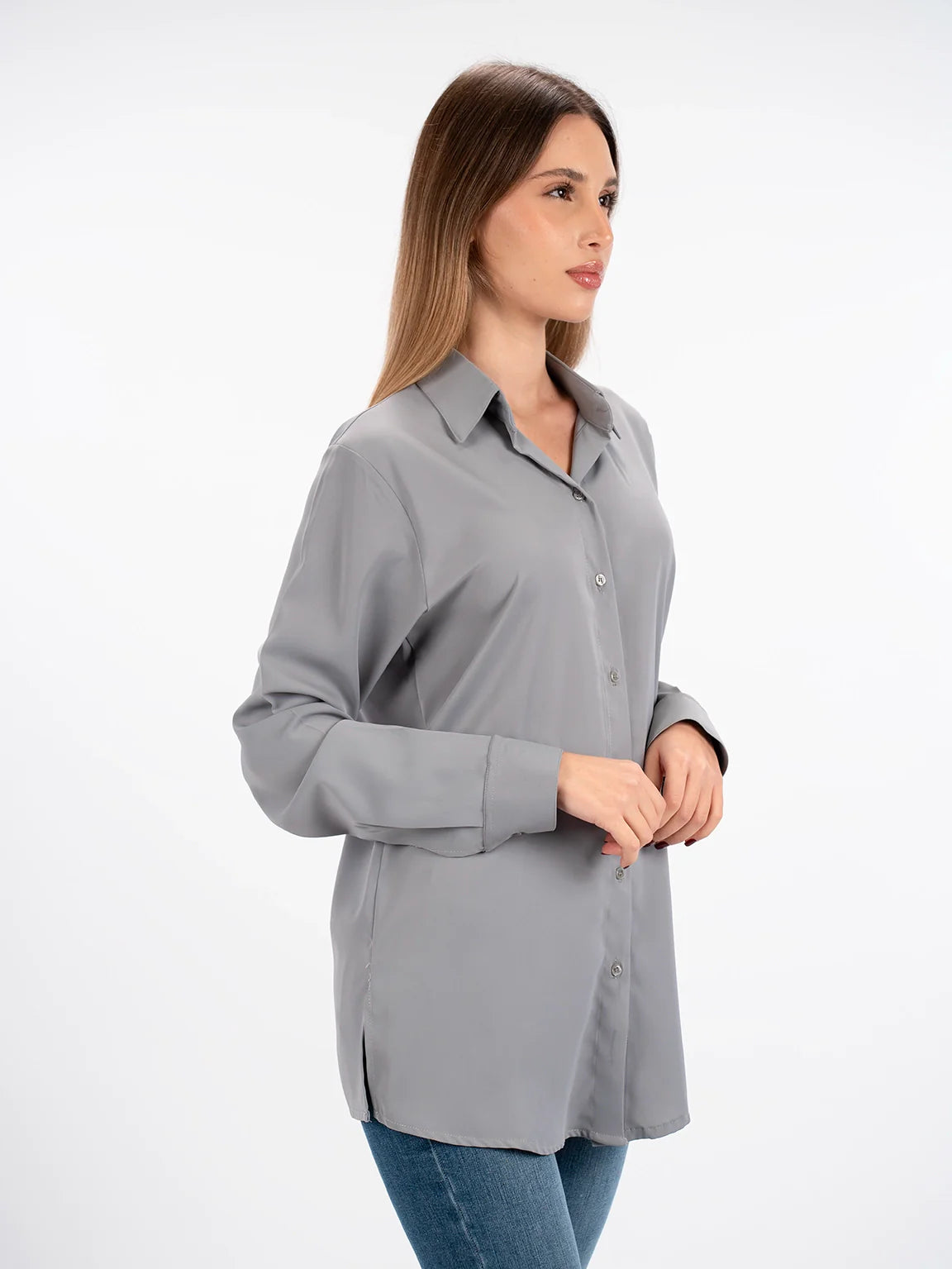 Long Sleeved Grey Shirt With Button To Close