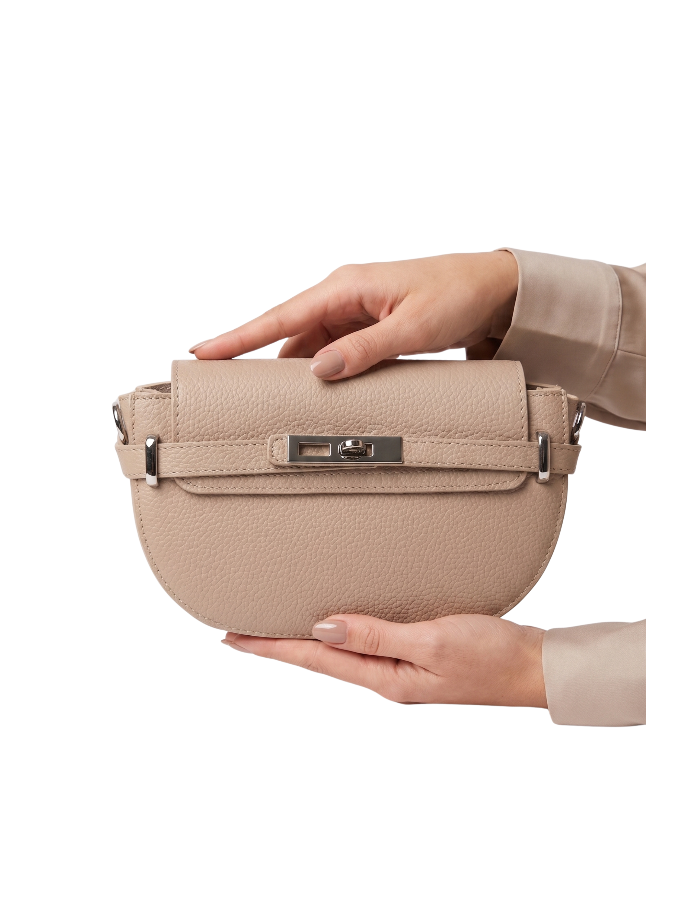 Beige Textured Clutch Bag With A Sleek Buckle Details