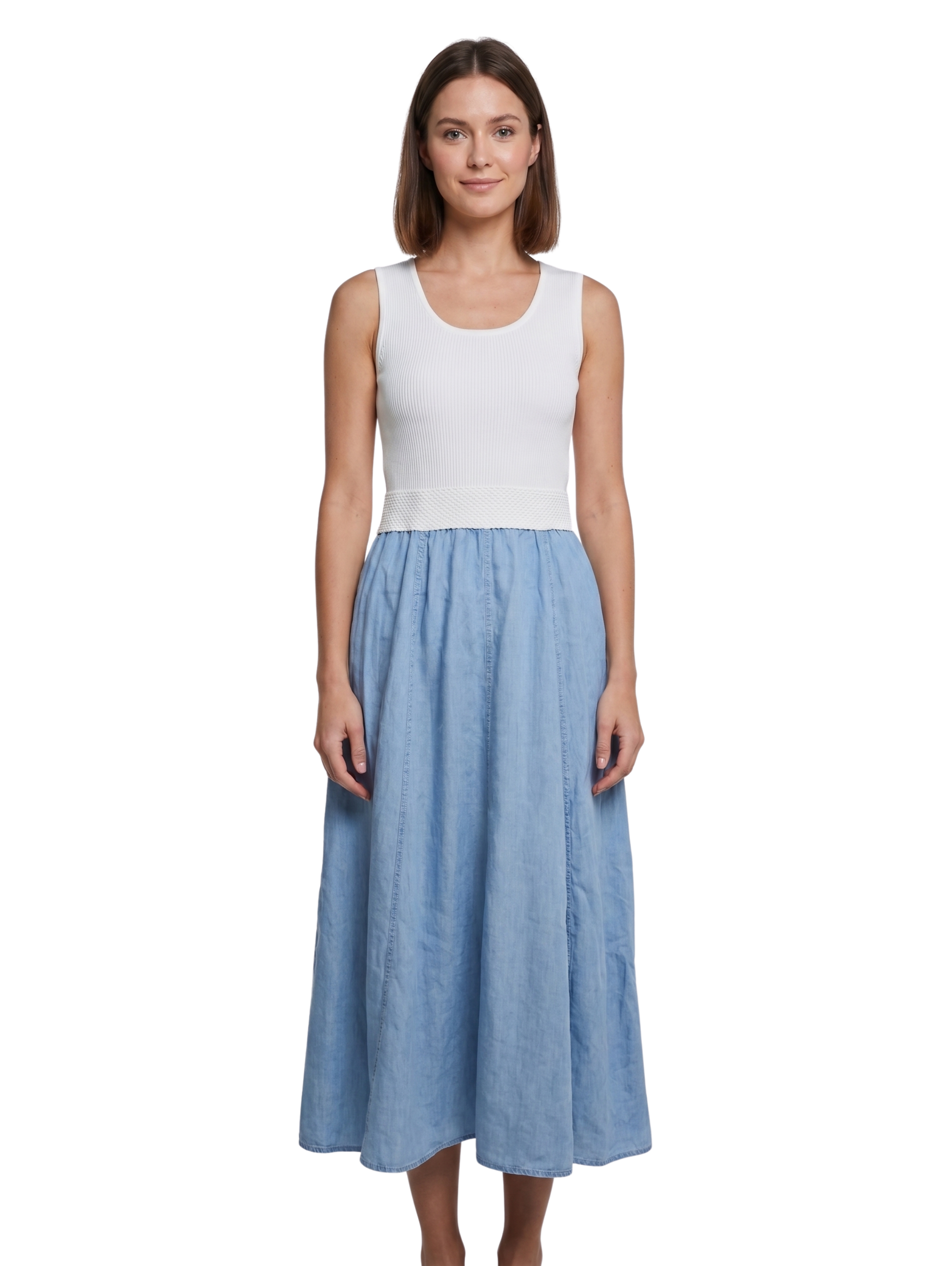 Blue Sleeveless Scoop Neck Two Tone Midi Dress