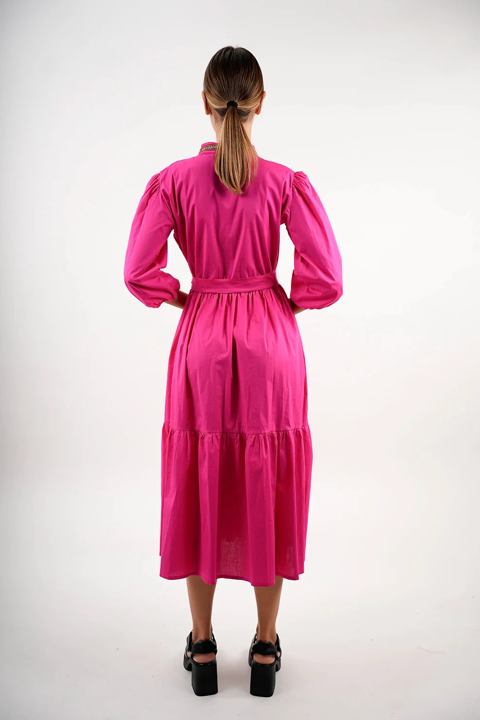 Long Sleeved Fushia Dress With Wing Collar