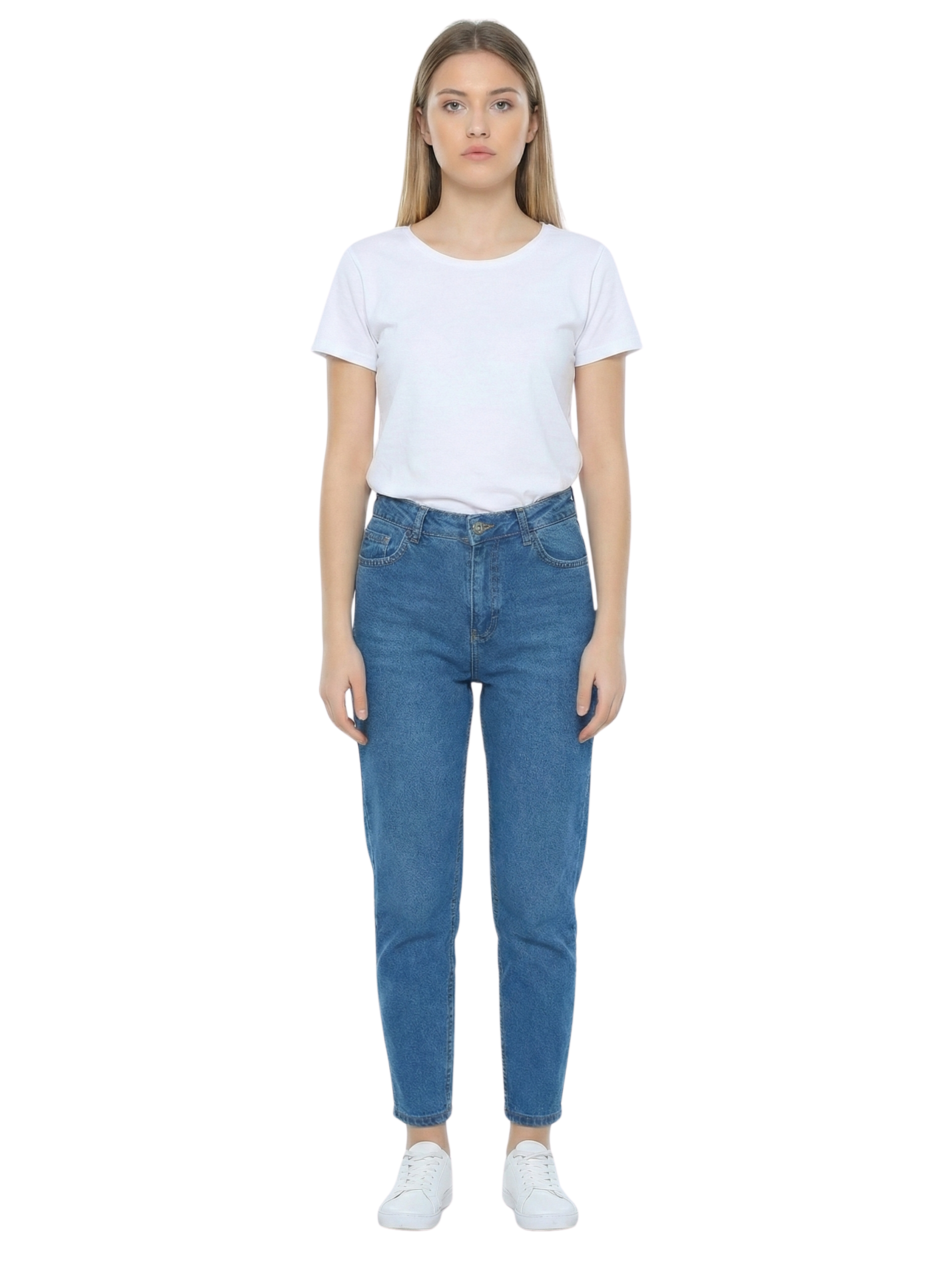 Dark Blue Mom Fit Jeans With Zipper & Button To Close