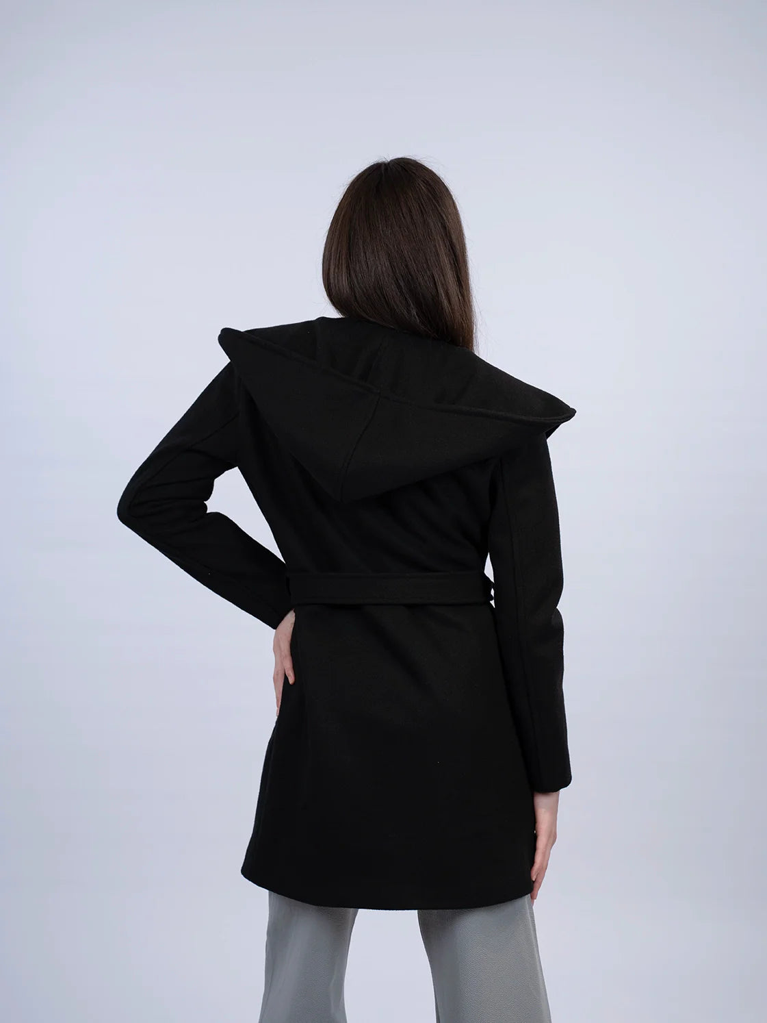 Hooded Wrap Black Short Coat