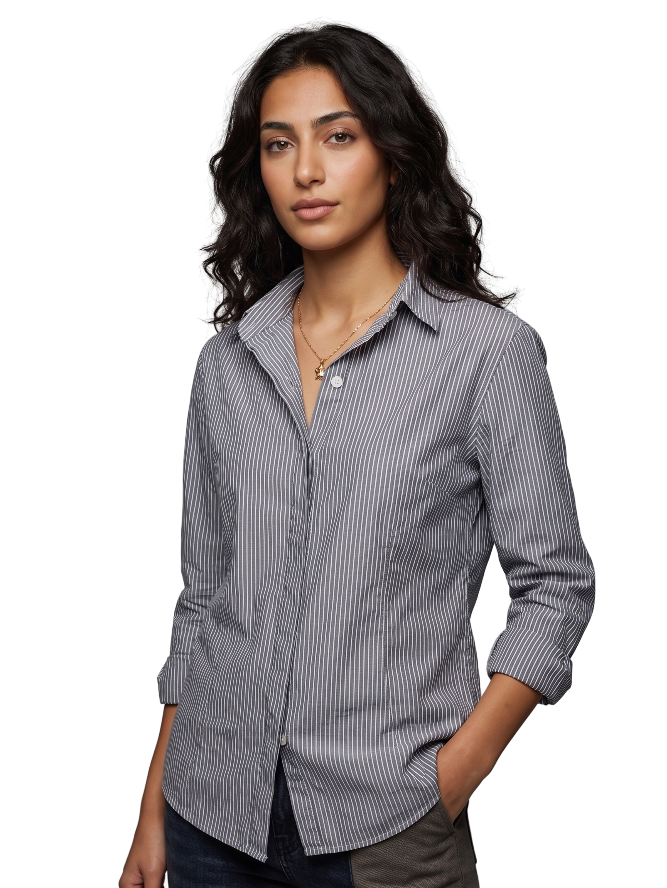 Grey Long-Sleeved Shirt With White Striped Design