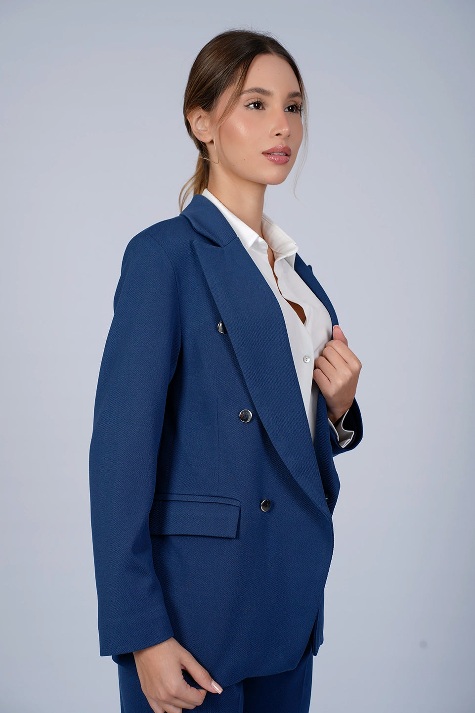 Business Indigo Blazer With Double Breasted Flap