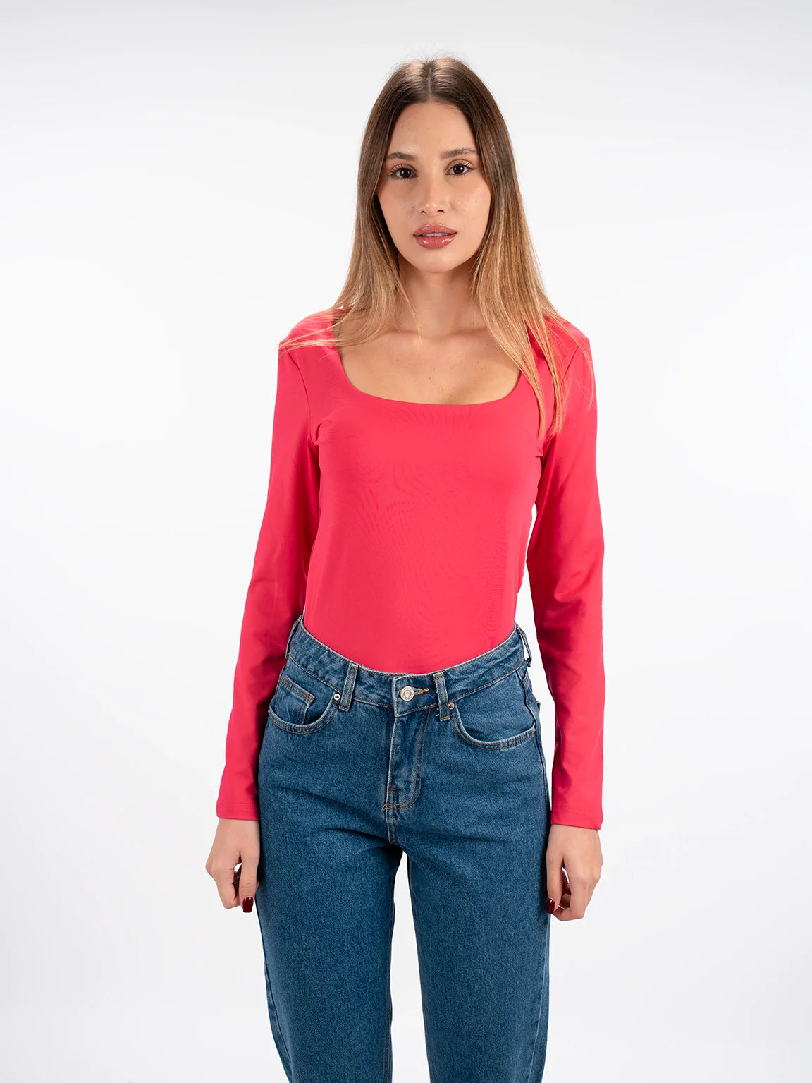 Long Sleeved Fushia Open Neck Basic