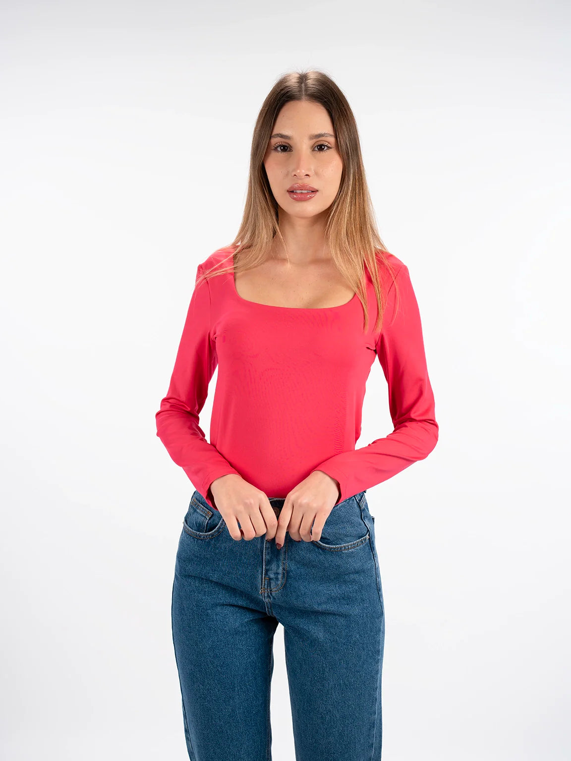 Long Sleeved Fushia Open Neck Basic