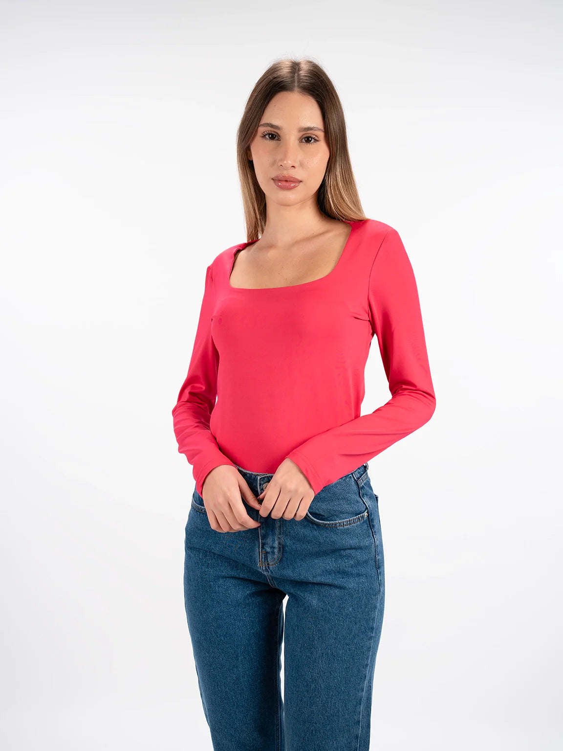 Long Sleeved Fushia Open Neck Basic