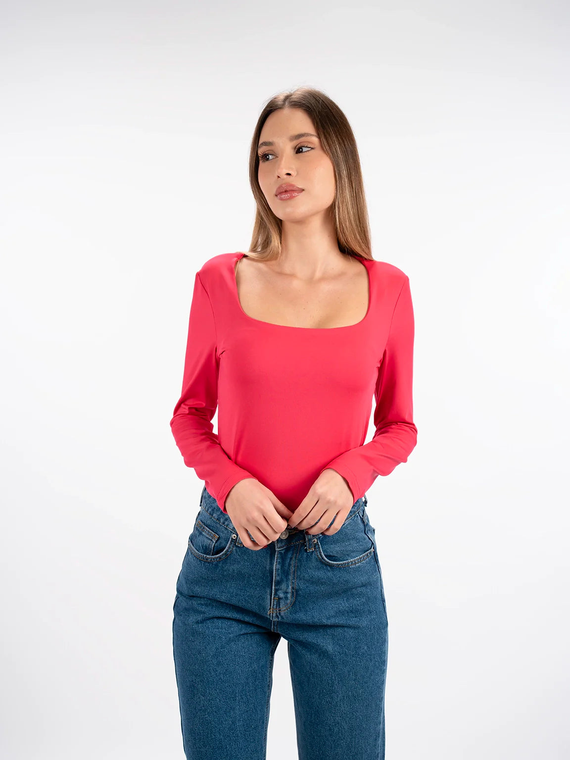 Long Sleeved Fushia Open Neck Basic