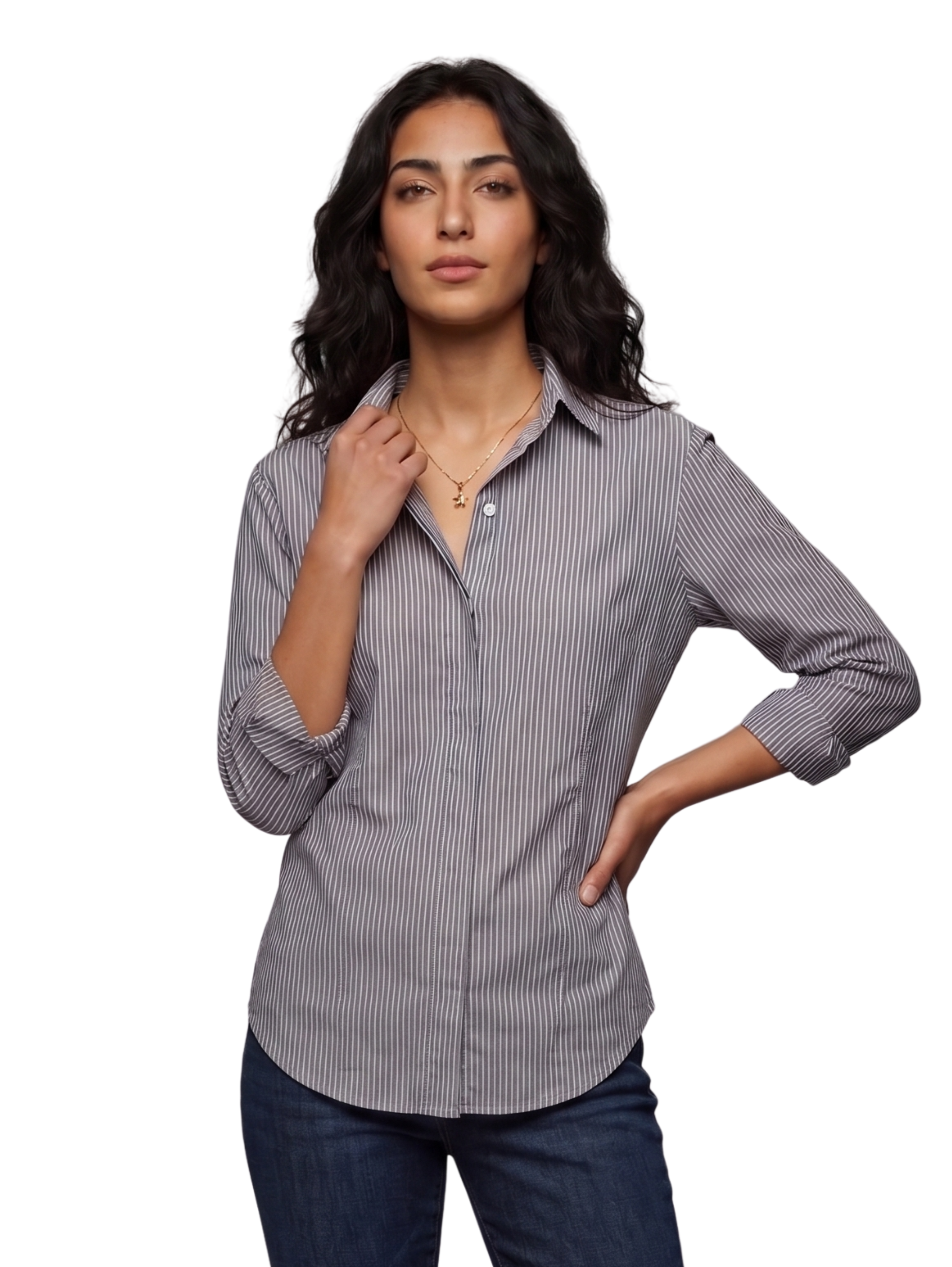 Grey Long-Sleeved Shirt With White Striped Design