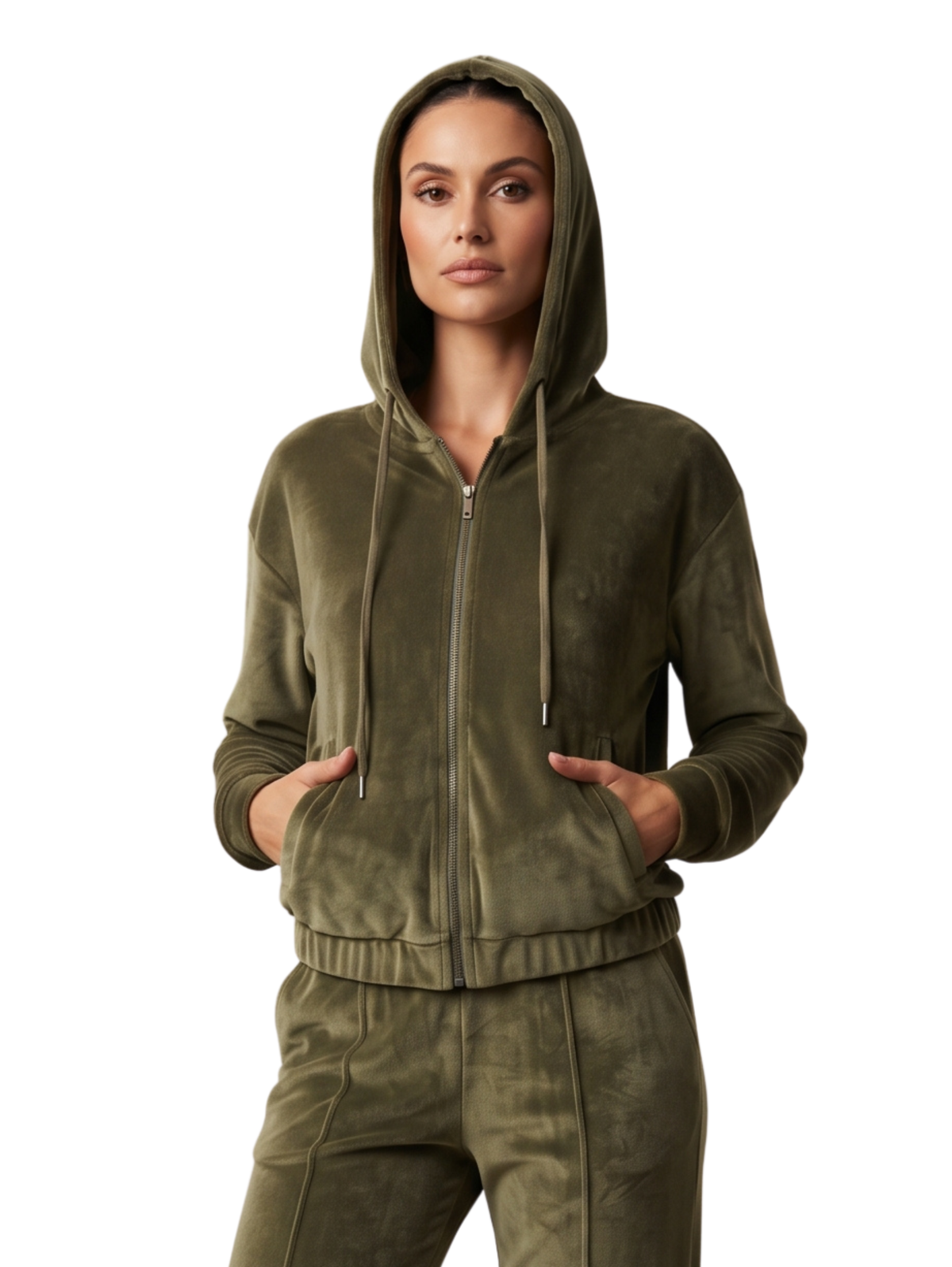 Khaki Zip-Up Hoodie And Sweatpants Set