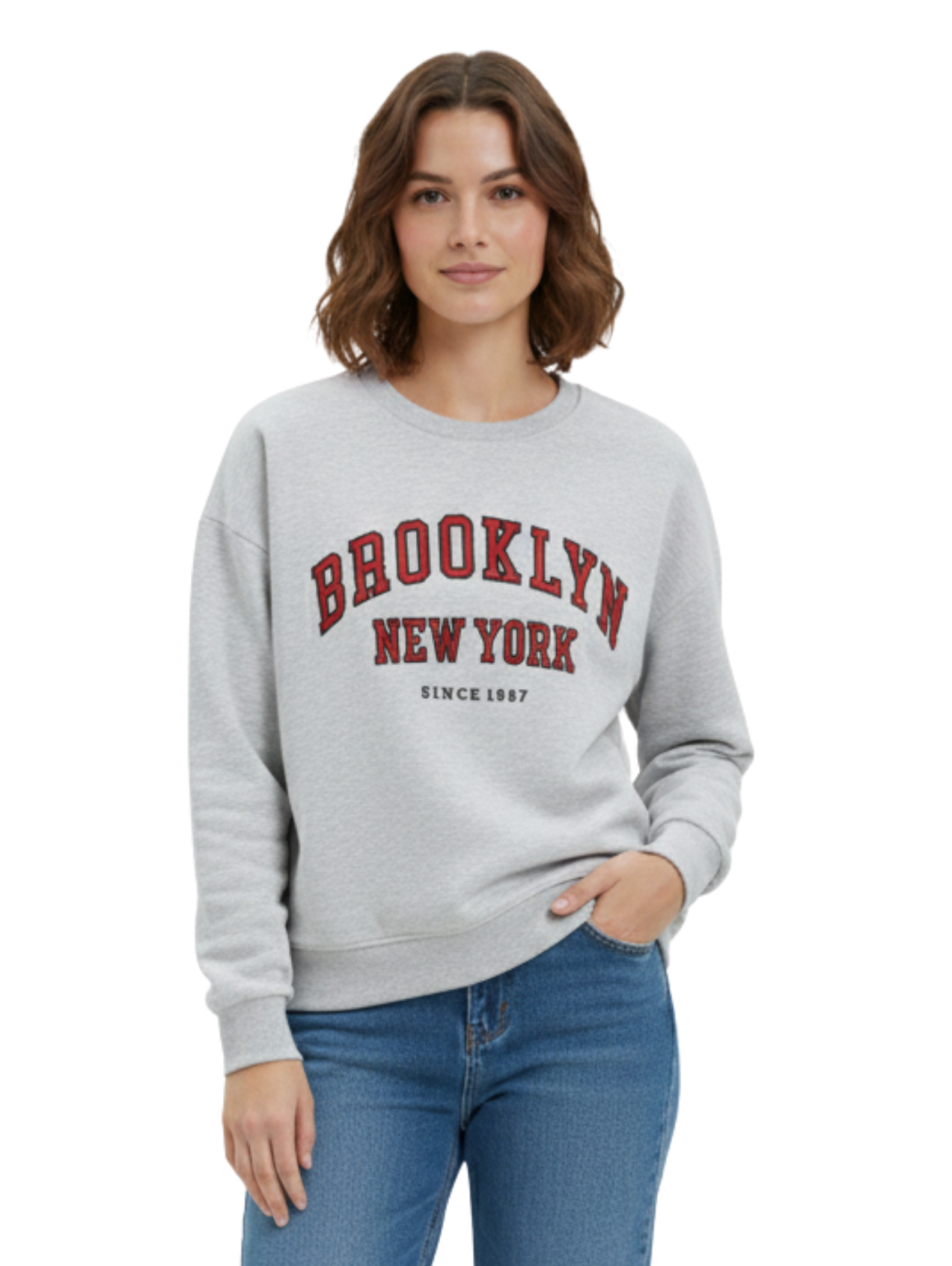 Long Sleeve Fleeced Grey Pullover With Front Print Design