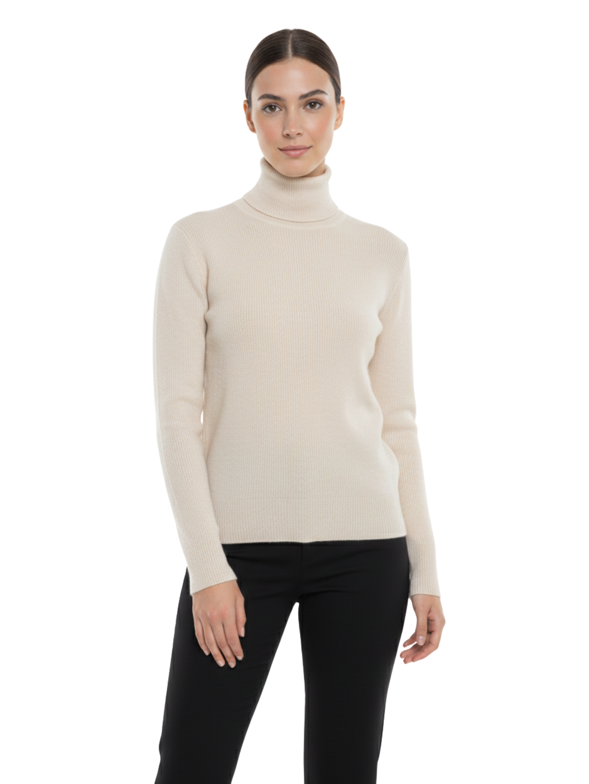 Long Sleeve High Neck Ribbed Beige Pullover