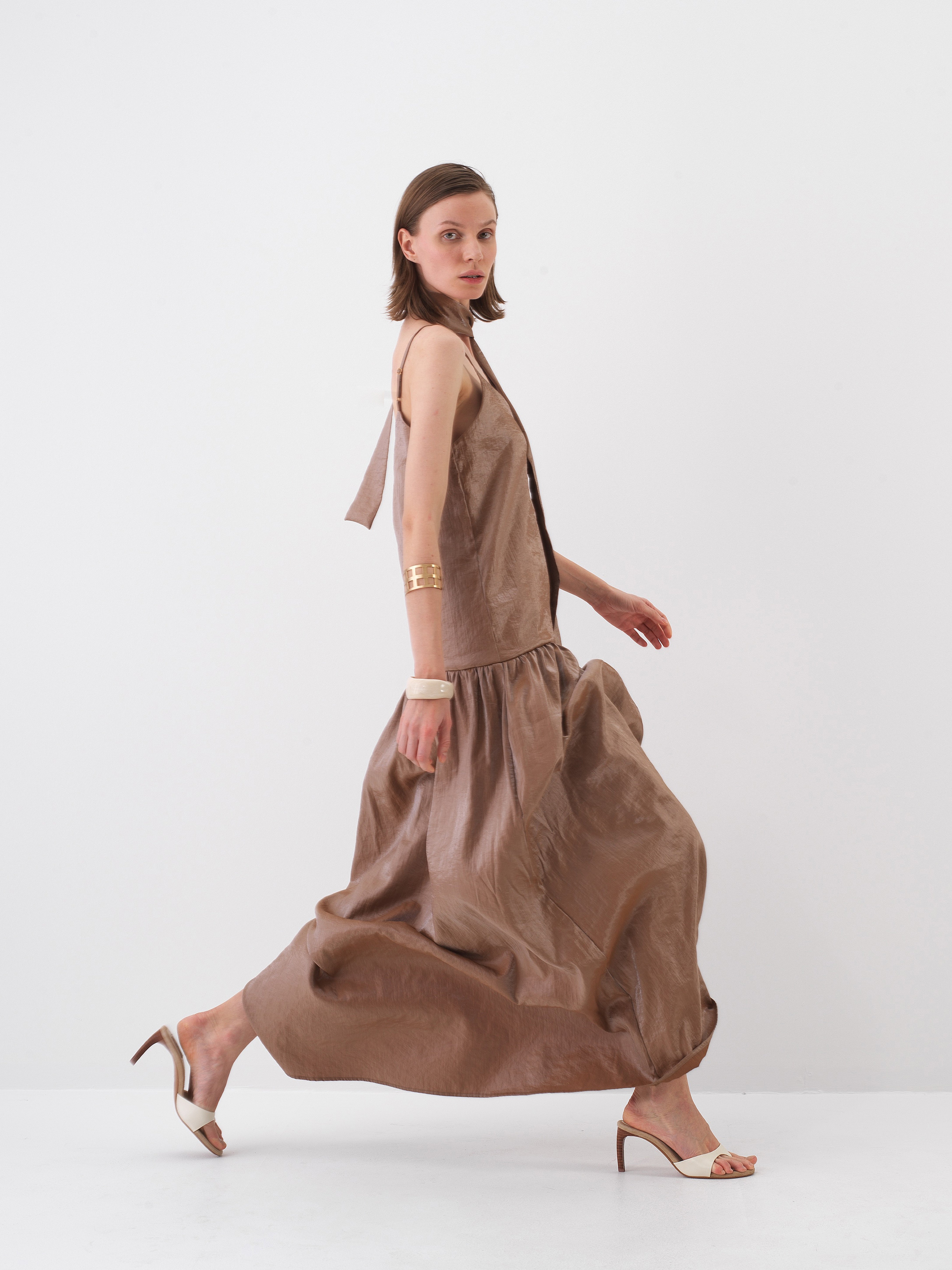 Xint Brown Maxi Dress With Scarf Detail At The Neck