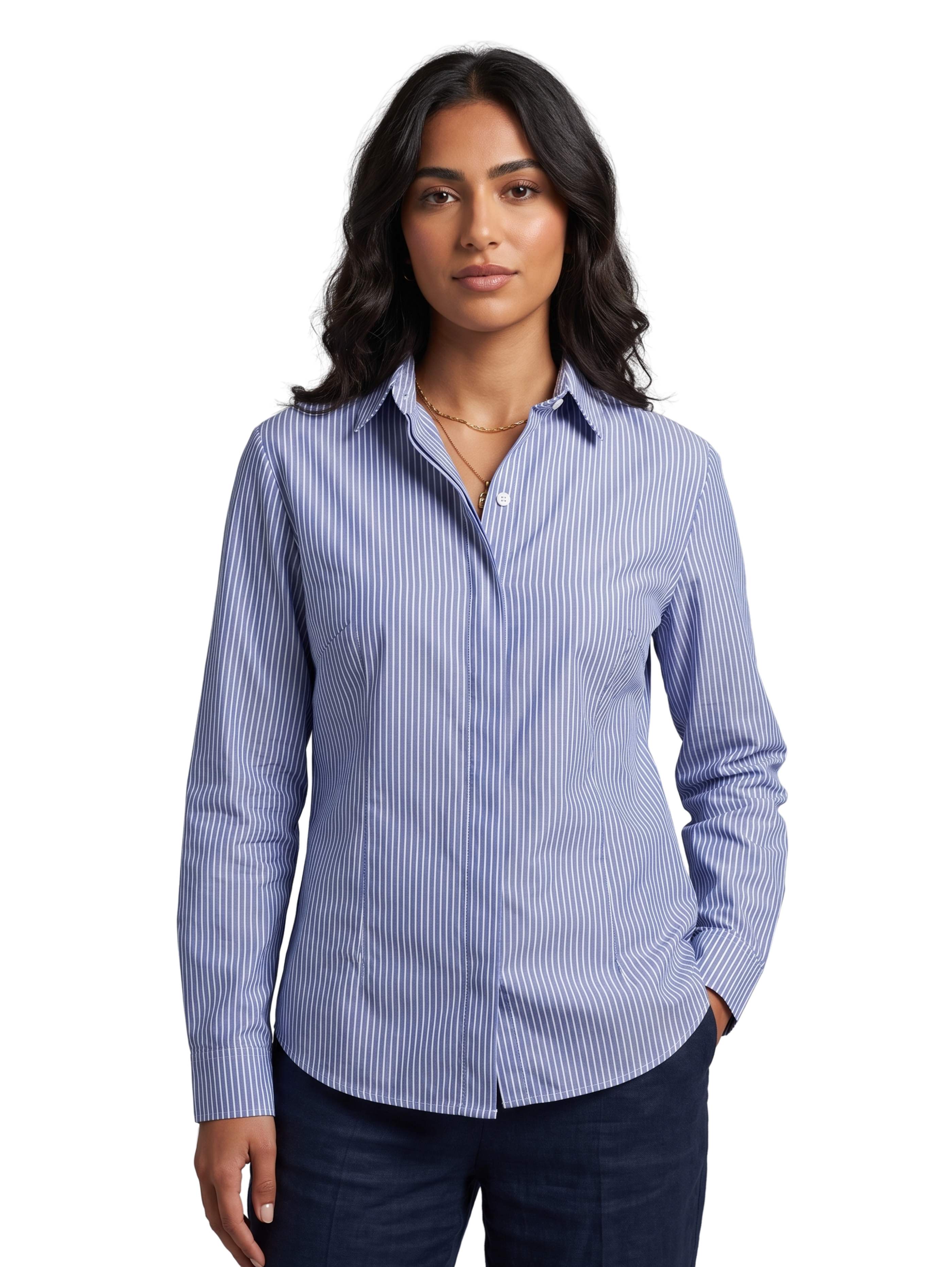 Blue Long-Sleeved Shirt With White Striped Design