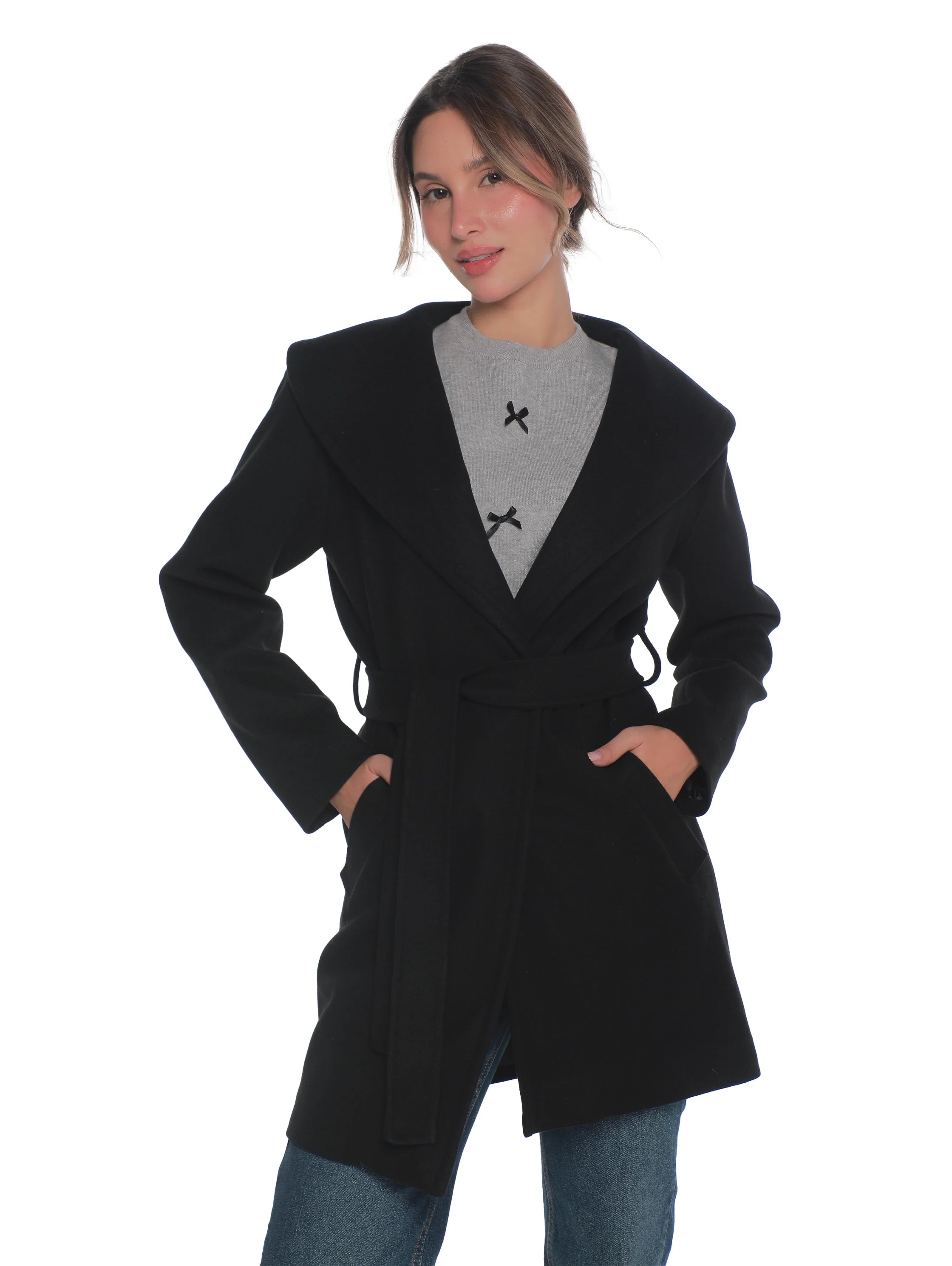Black Warm Belted Coat With Open Collar