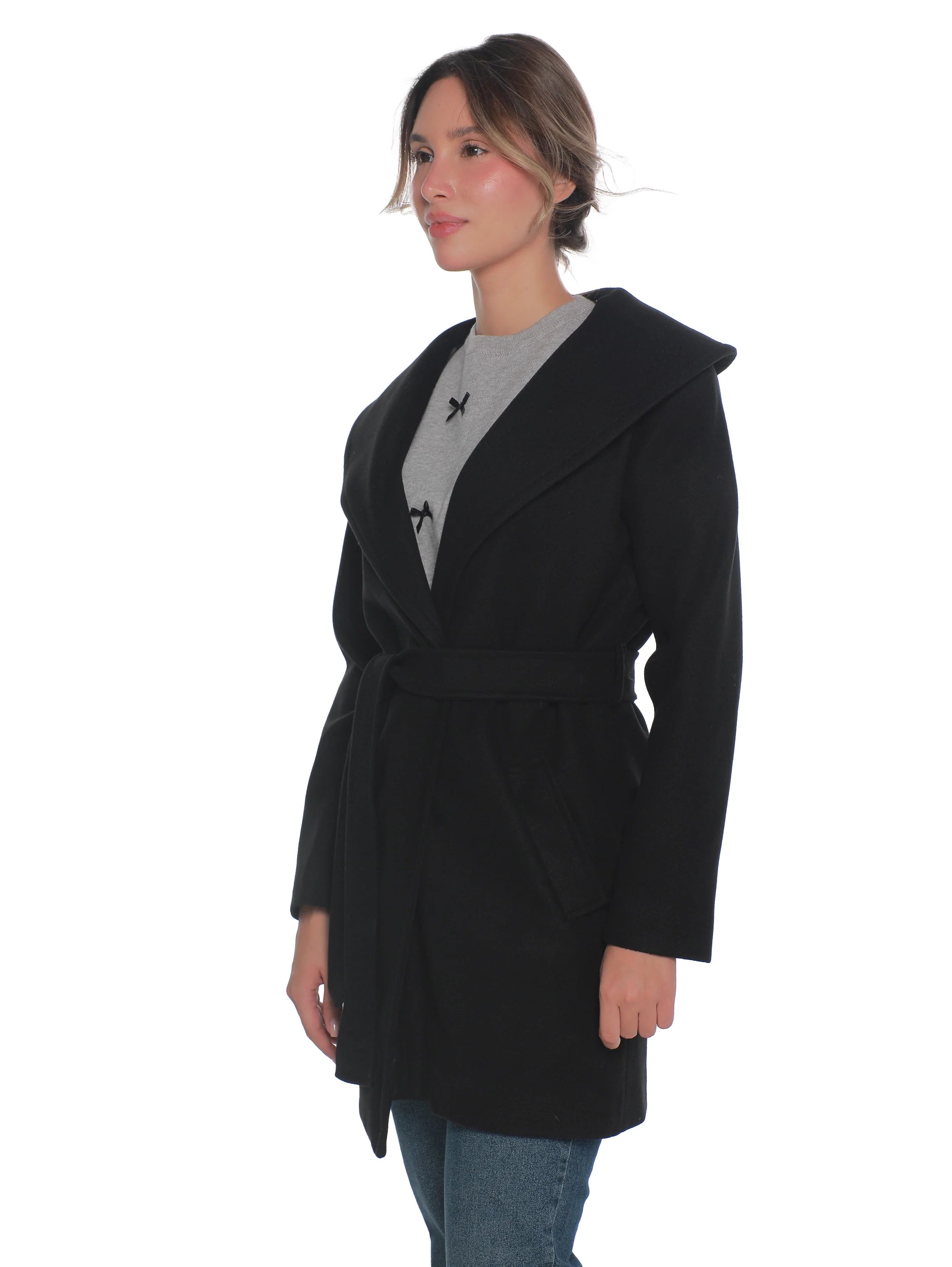 Black Warm Belted Coat With Open Collar